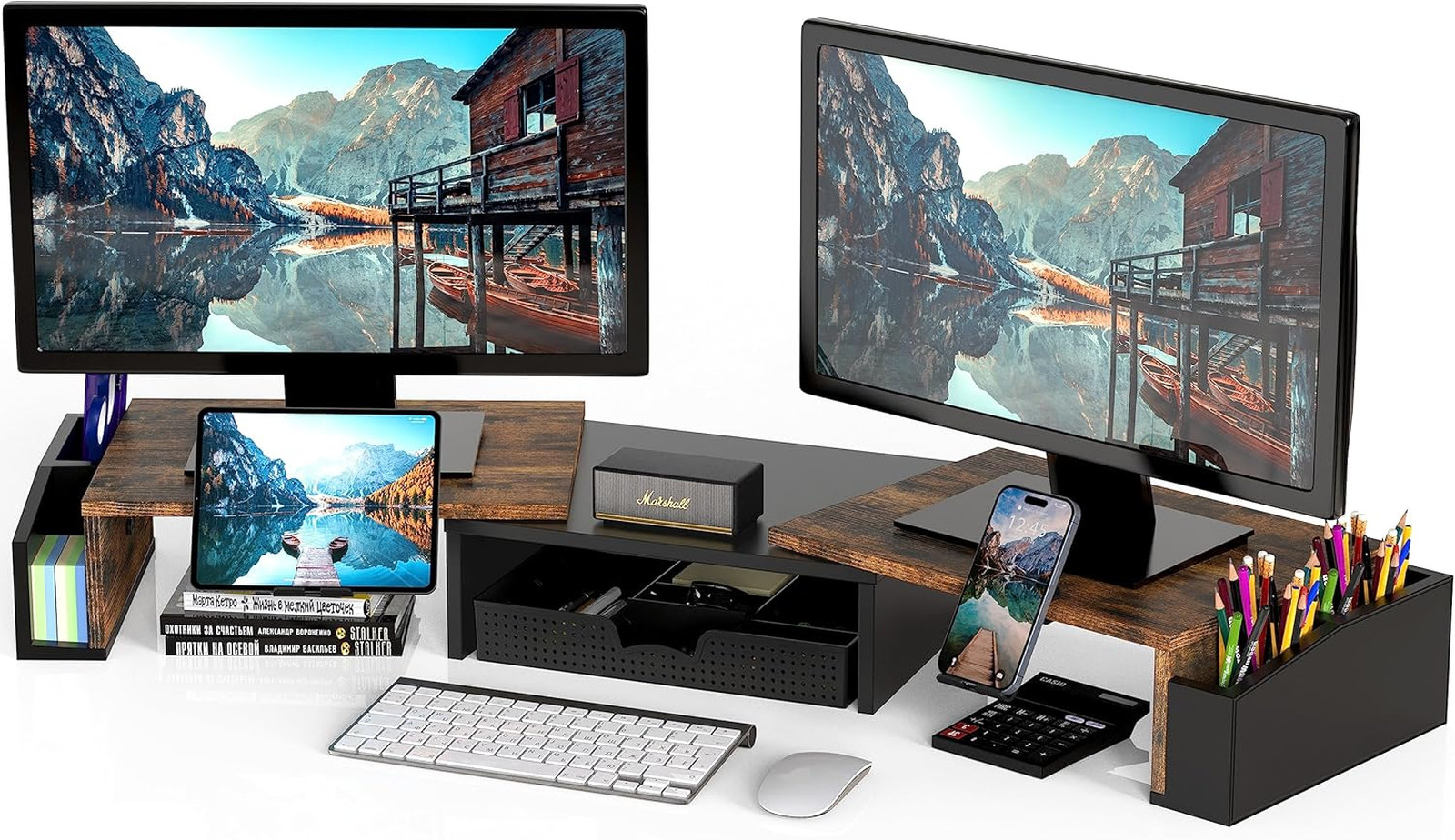 Dual Monitor Stand with Drawer Rustic Brown, Adjustable Organizer Tray, Phone