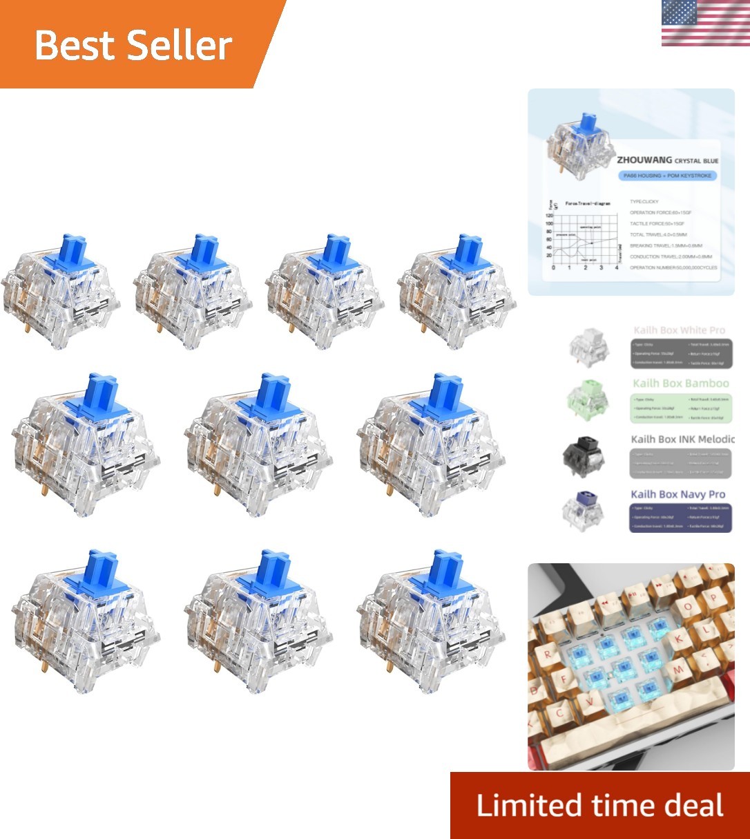 50 Crystal Blue Switches,4 Kailh Box Experience Pack Switches,Strong Tactile ...