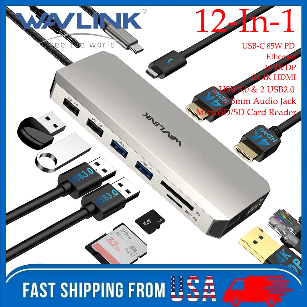 WAVLINK USB C Hub Triple Monitor Laptop Docking Station 4K Dual HDMI DP 100W PD