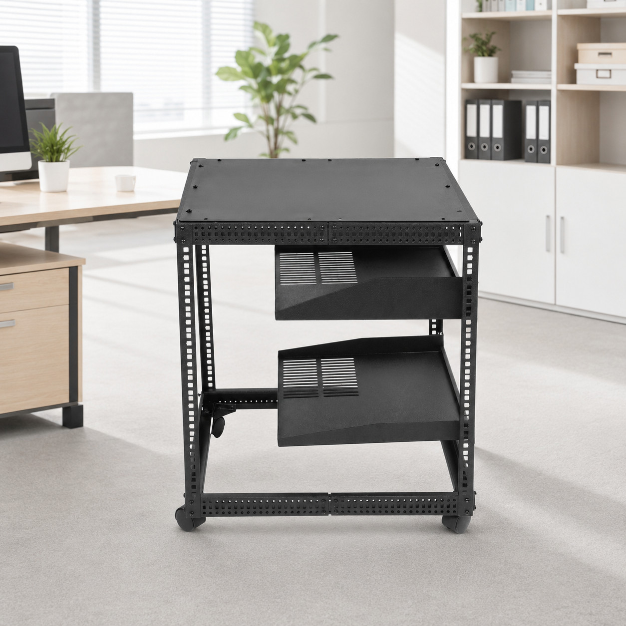 Black 12U Open Frame Network Rack Wall Mounted Server Rack 4 Post with Shelves