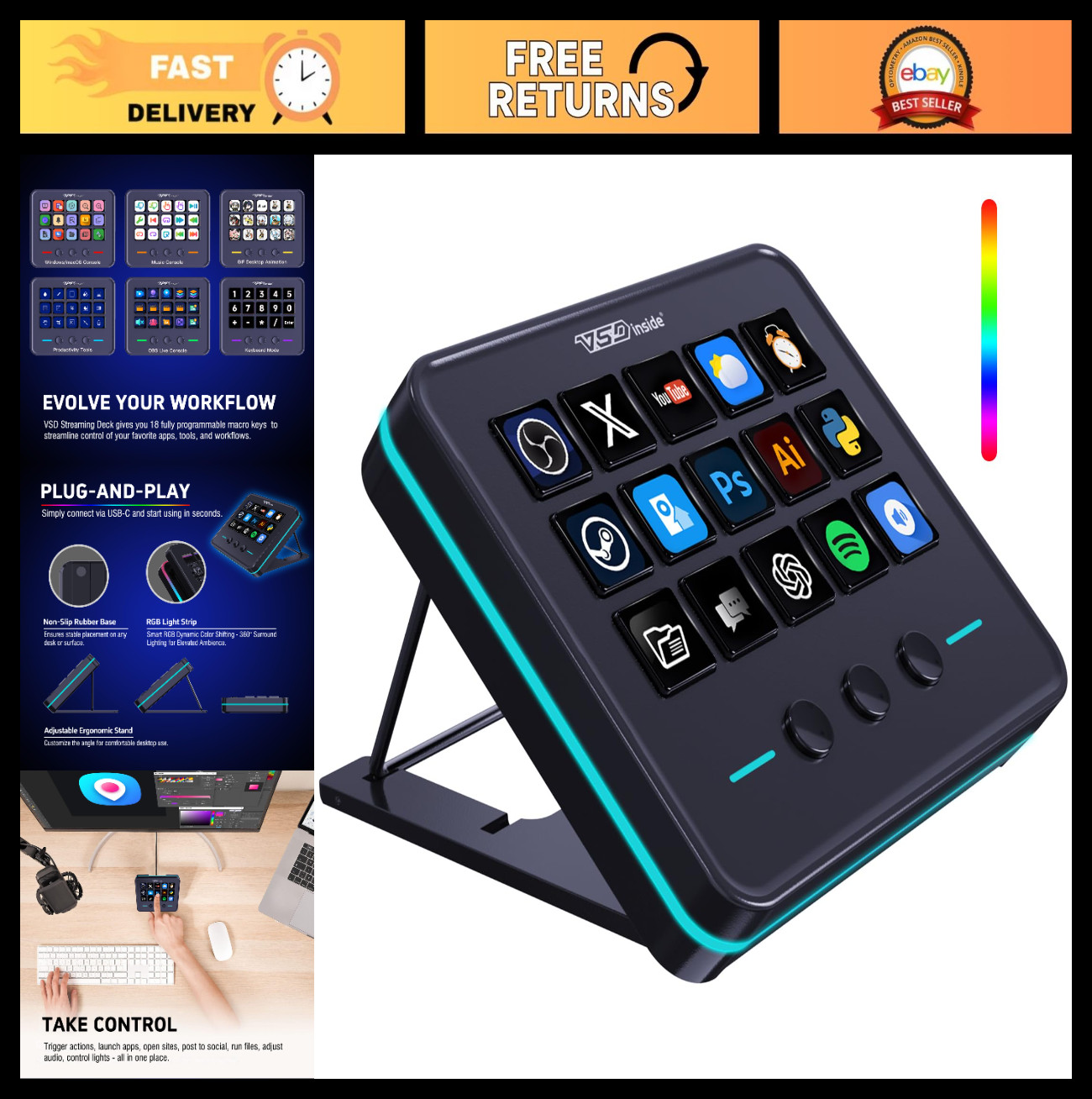 Macro Keypad Stream Controller Deck - 18 Programmable Keys, Customizable USB Sou