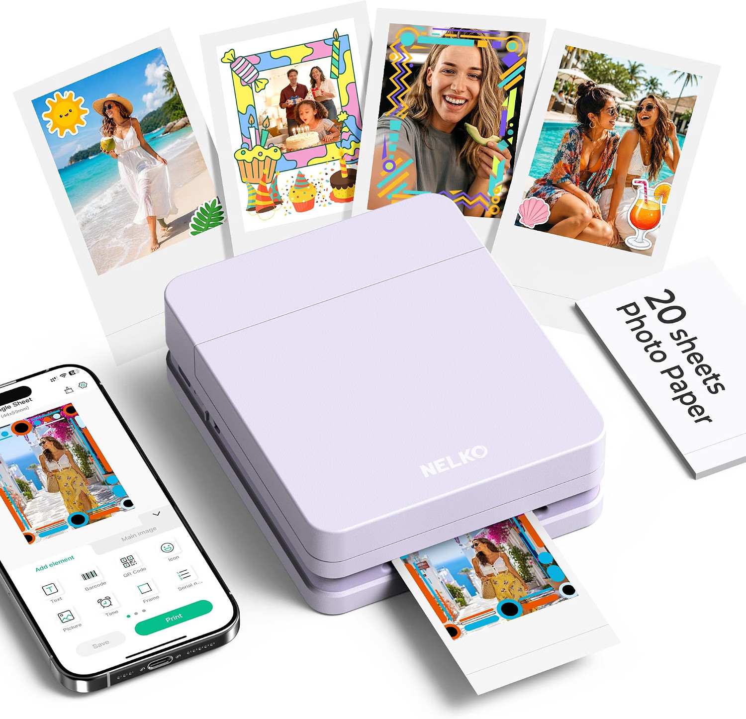 Nelko PP01 Photo Printer, 2x3 Portable Mini Printer with 100 Sheets, Purple