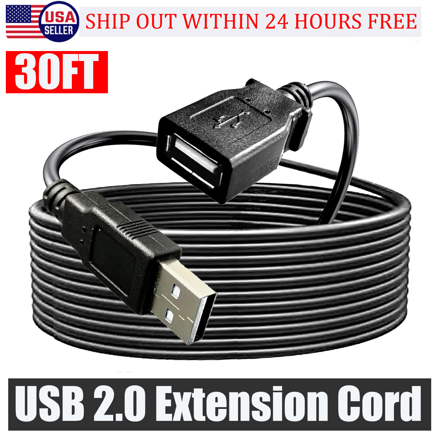 30FT USB 2.0 Extension Extender Cable Cord USB A Male to Female HIGH SPEED Adapt