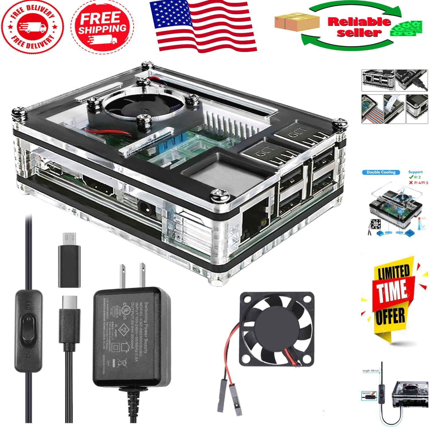 Stylish Raspberry Pi 3 Case with PWM Cooling Fan & 5V 3A Power Supply for Gamers