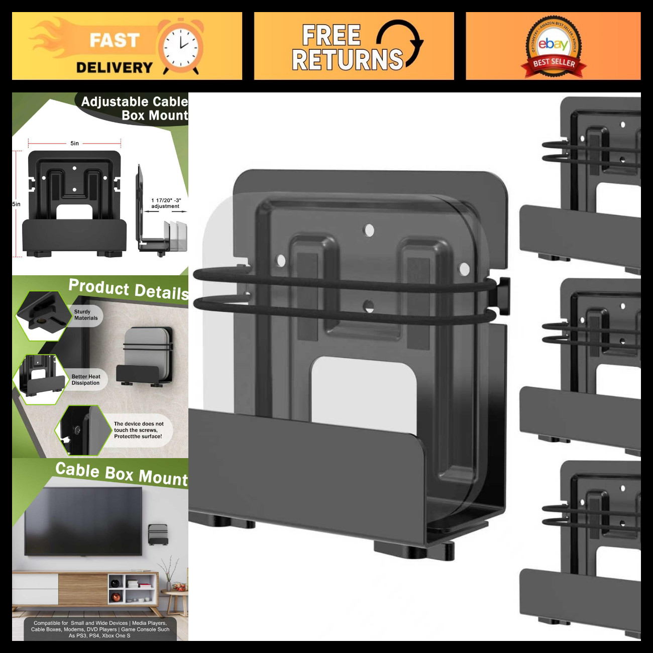 4 Pack Cable Box & Modem Mounts - Wall-Mounted Organizer for Clean Setup