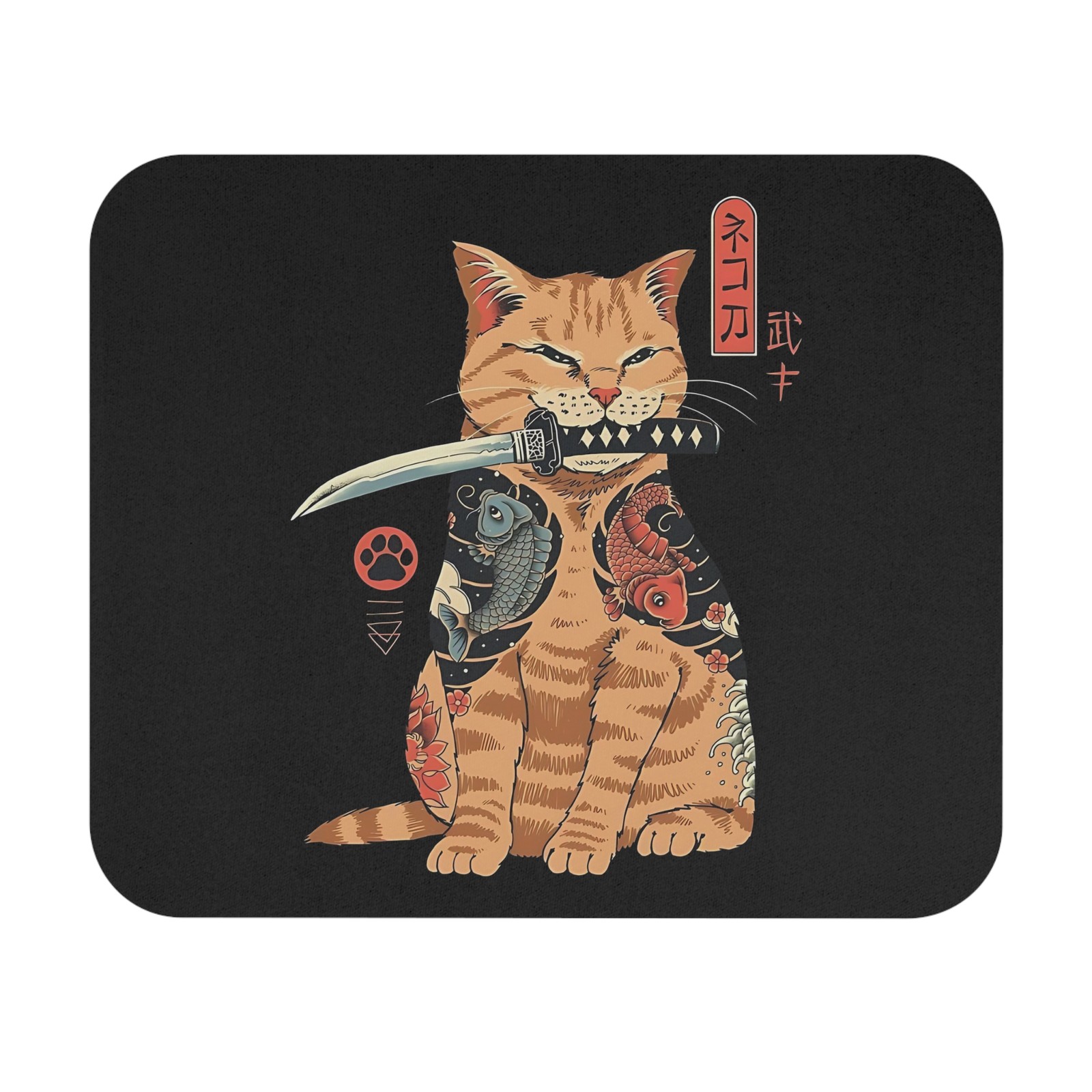 Samurai Cat Black Mouse Pad - Japanese Art Desk Accessory, Gift for Cat Lovers