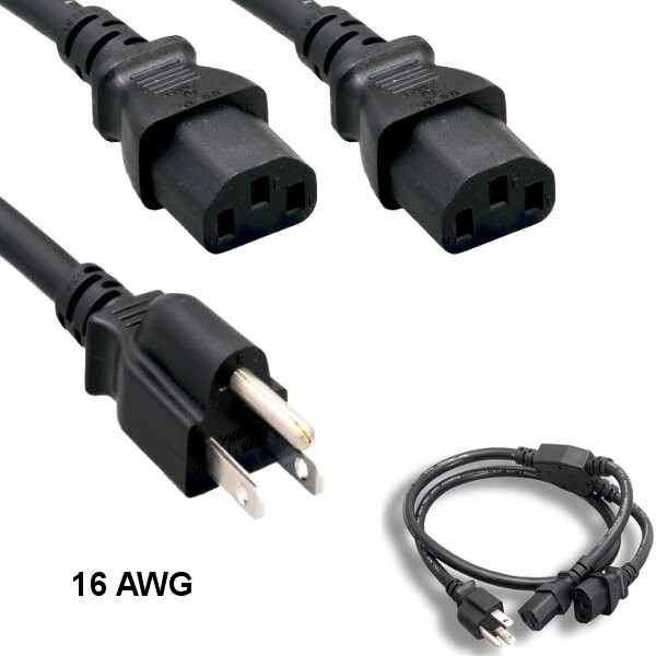 Kentek 6Ft NEMA 5-15P to IEC-60320-C13 x2 Power Extension Y-Cable 16AWG 13A 125V