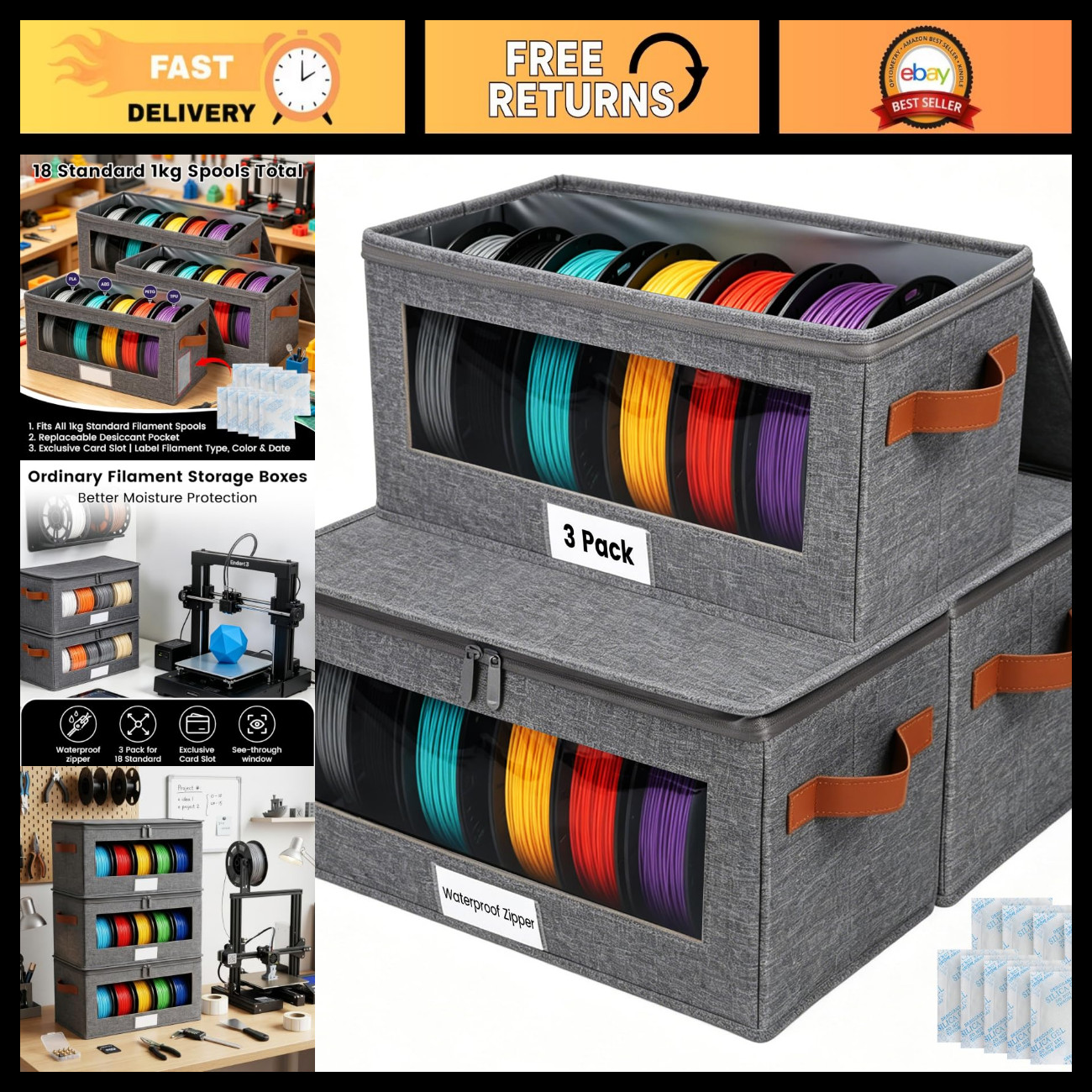 3D Printer Filament Storage Box - 3 Pack, Dual Waterproof, Holds 18 Rolls