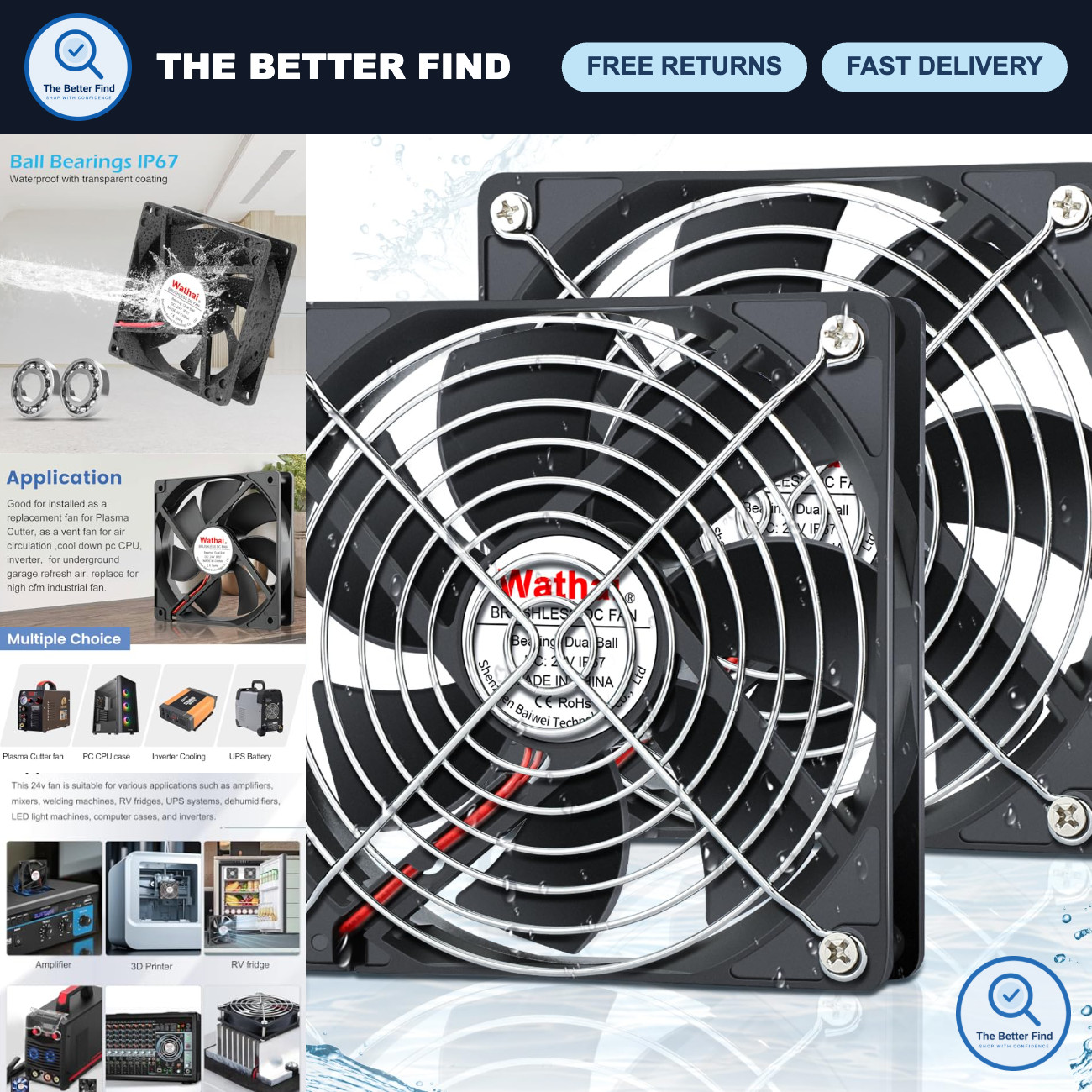 2 Pack IP67 Waterproof 24V DC Cooling Fans 120mm x 25mm Dual Ball Bearings