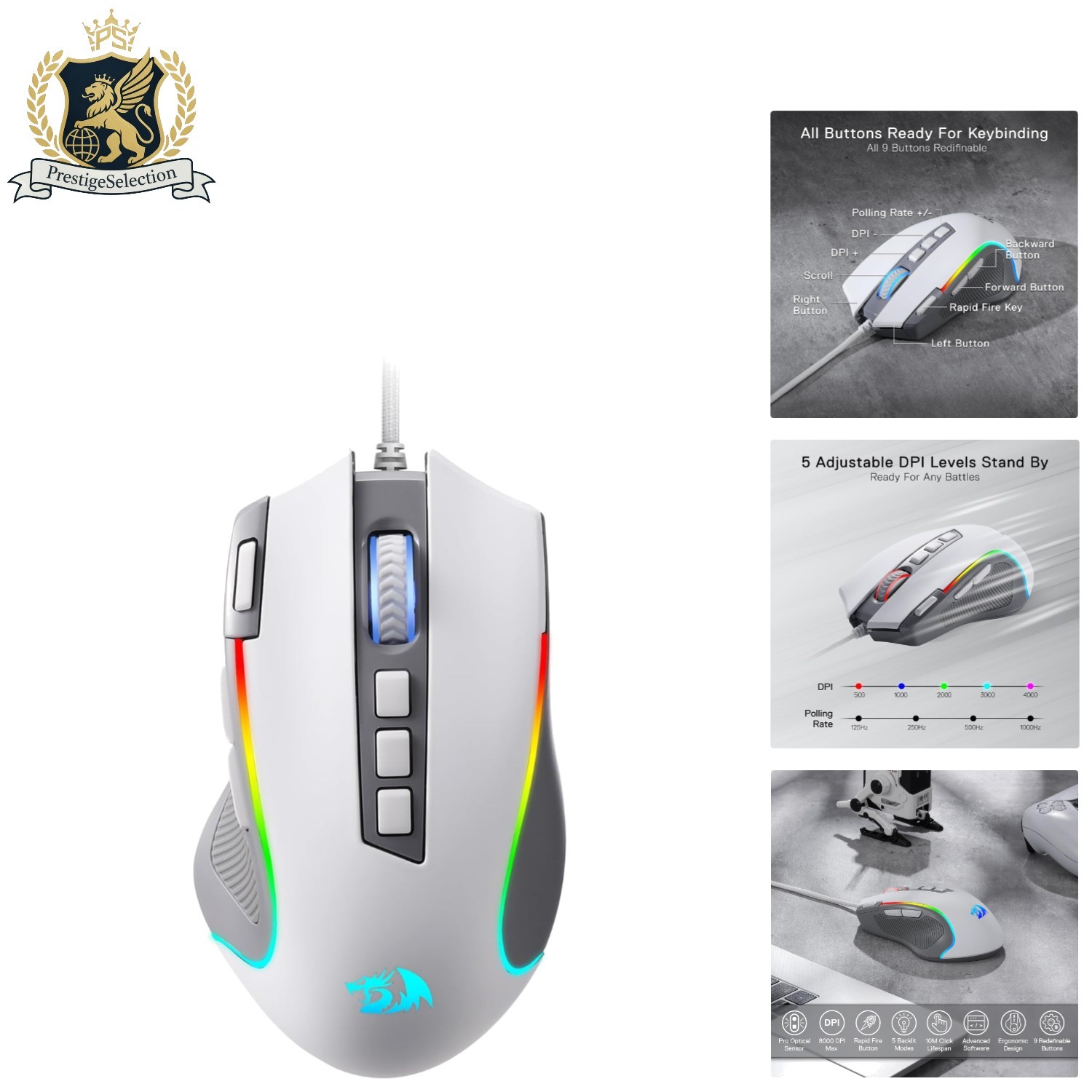 M612 RGB Gaming Mouse: 8000 DPI Precision, 9 Programmable Buttons in Gray