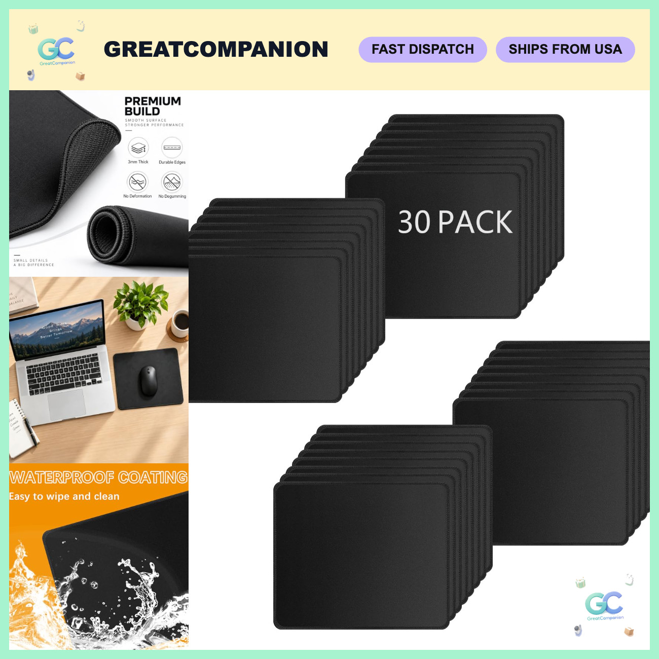 30 Pack Black Mouse Pads, Stitched Edge, Non-Slip Rubber Base, 10.2x8.3in, Washa