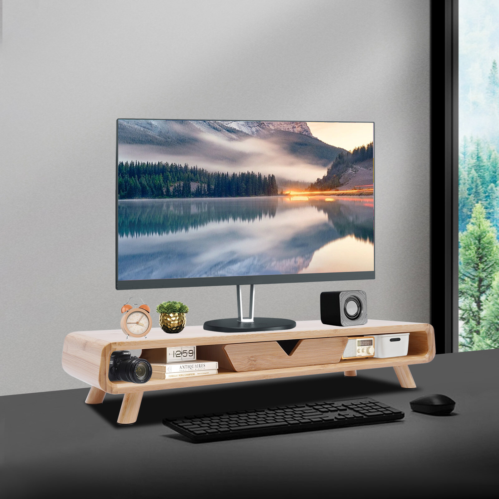 Bamboo Monitor Stand with Drawer & Back Baffle 4.5in Riser Wood