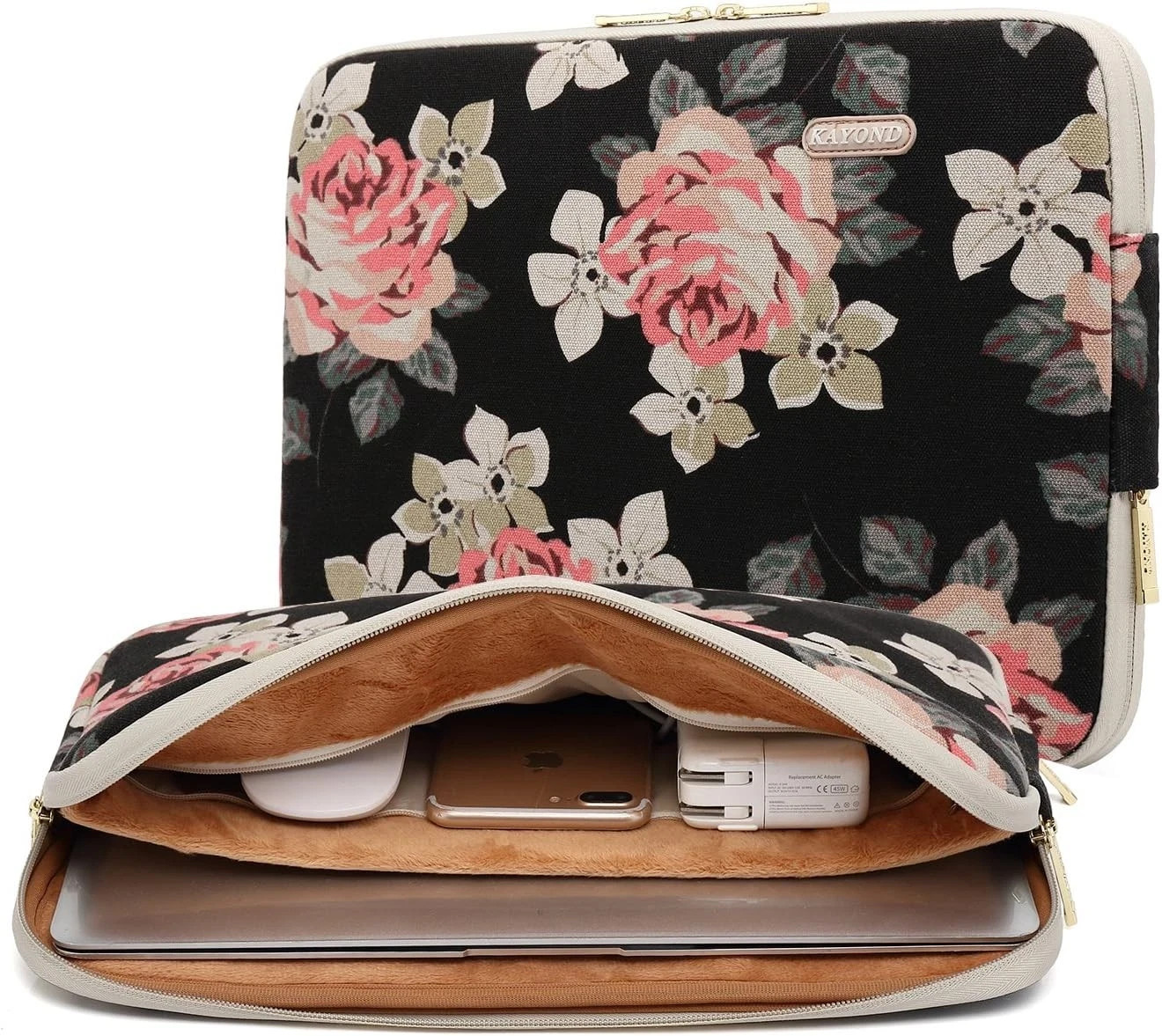 Black Rose Patten Canvas Water-Resistant 17 Inch Laptop Sleeve for Laptops