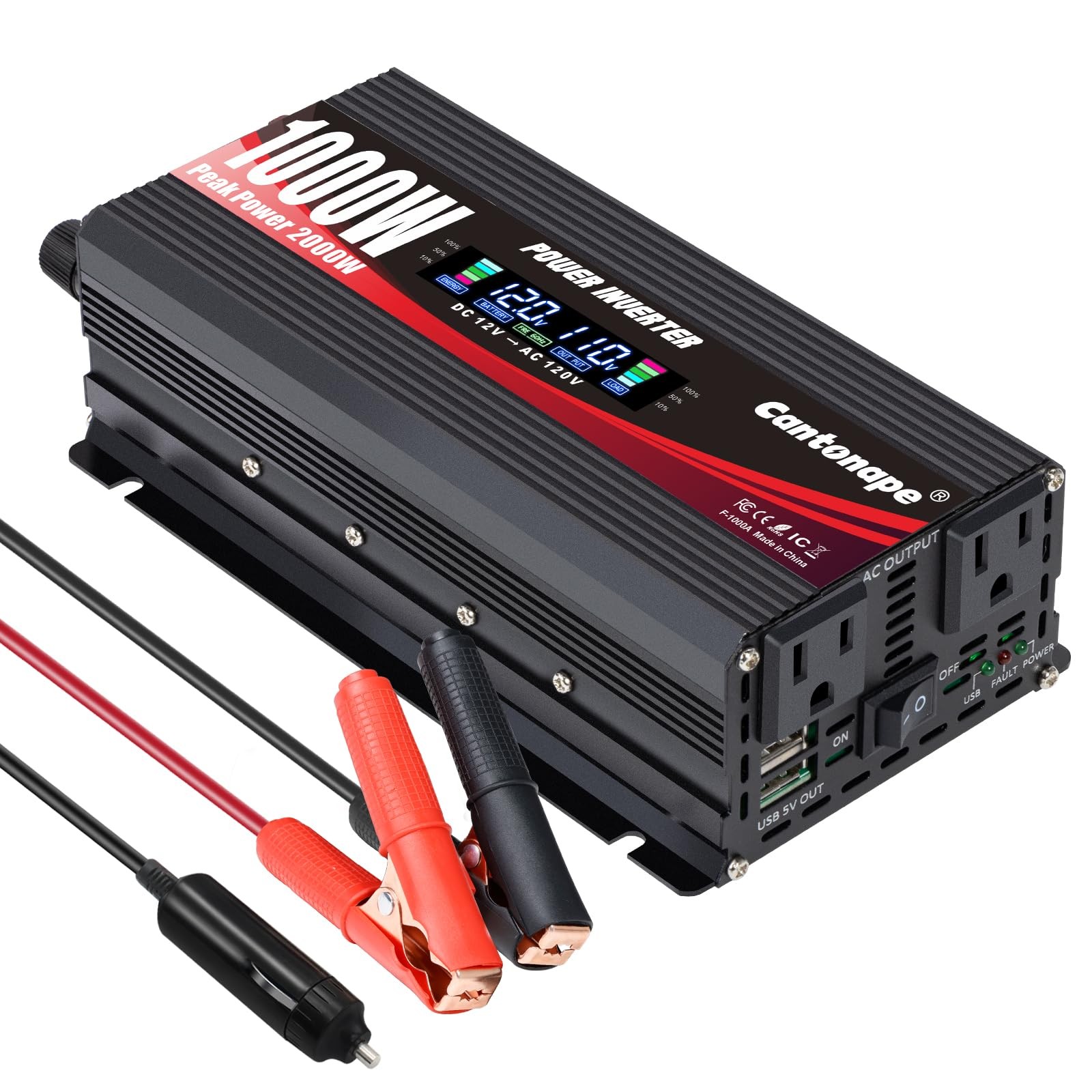 1000W/2000W(Peak) Car Power Inverter DC 12V to 110V/120V AC Converter with LC...