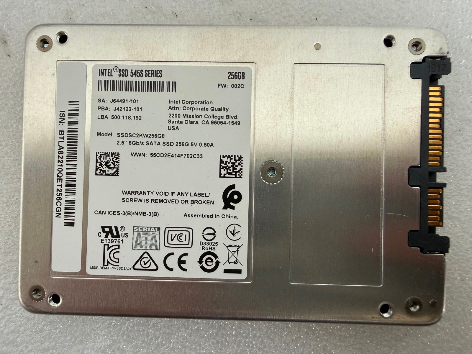 Intel 545s Series 256GB 2.5" SATA III 6Gb/s SSD SSDSC2KW256G8
