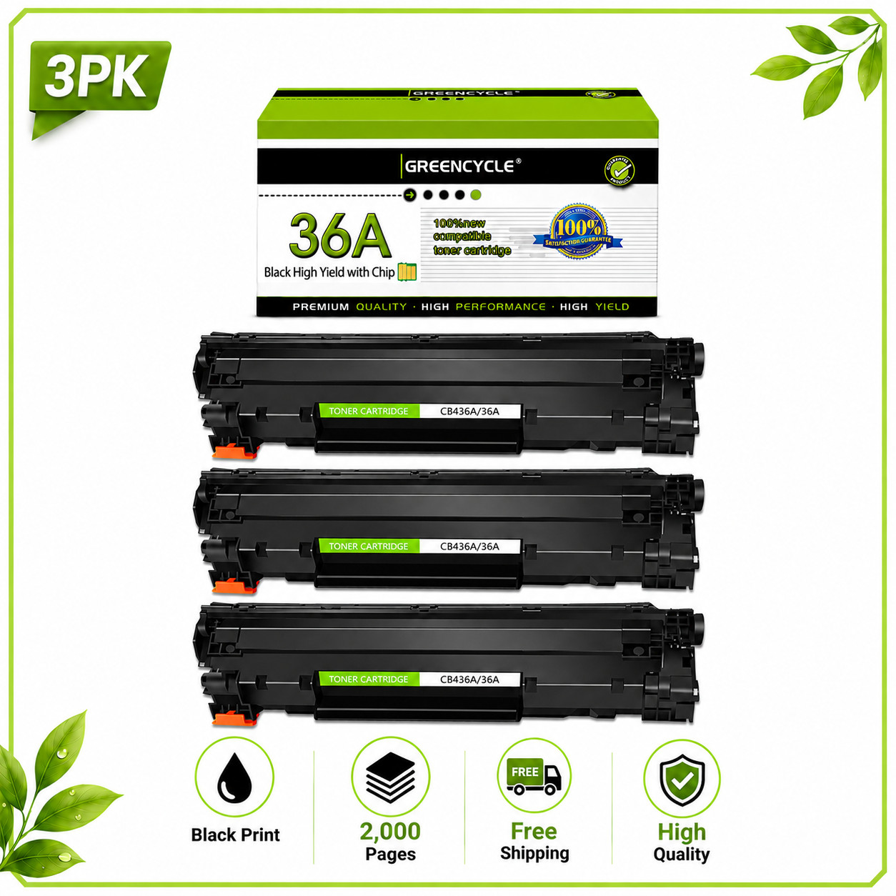 3PC CB436A Toner for HP 36A LaserJet P1505, P1505n M1522n / M1522n MFP