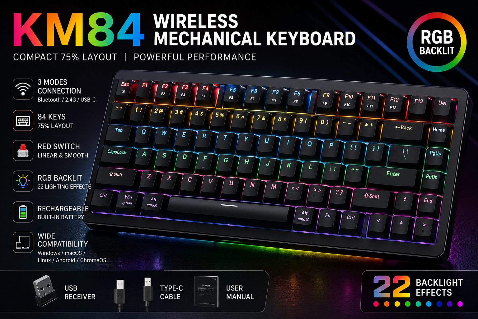 KM84 Wireless Mechanical Keyboard 84 Keys RGB Backlit BT/2.4G USB-C Gaming