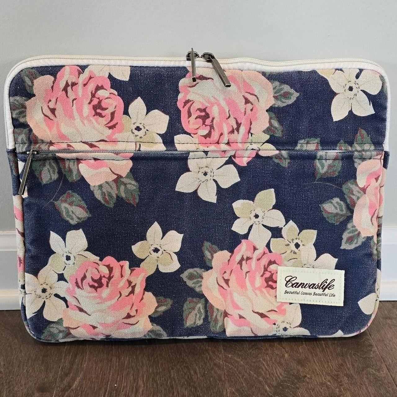 Canvaslife White Rose Pattern Laptop Sleeve Zippered Supply Pouch