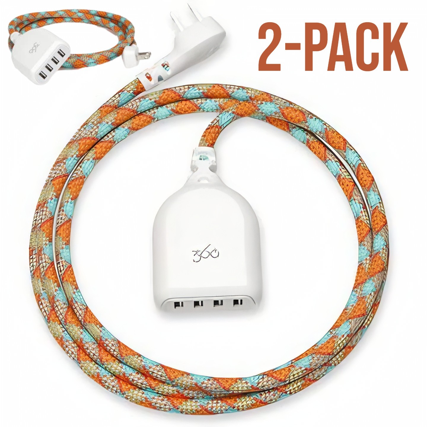360Electrical™ Braided 4-Port USB Extension Cord | 6ft, 4.8A, 24W, Charger (2pk)