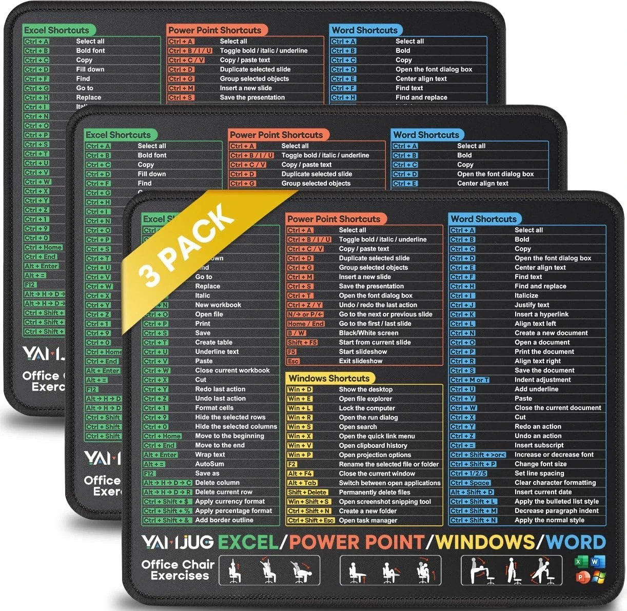 3 Pack Mouse Pad with Stitched Edge for Excel/Word/Powerpoint/Windows Shortcuts,