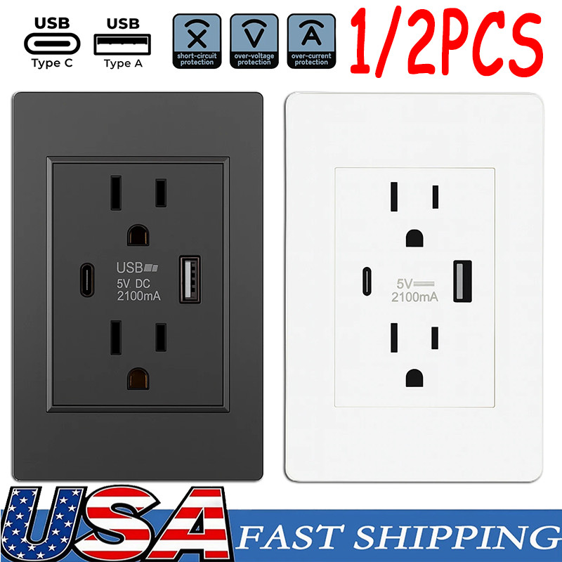 Dual Wall Outlet with USB Ports Charger AC Power Receptacle Plate Panel 15A 120V