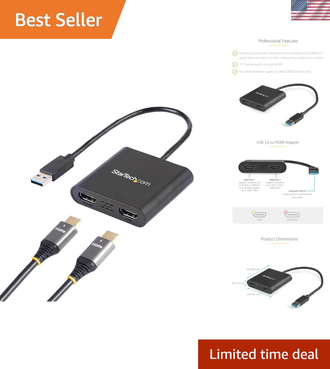 StarTech USB-A 3.0 to Dual HDMI Adapter, 4K 30Hz + 1080p 60Hz, Windows only