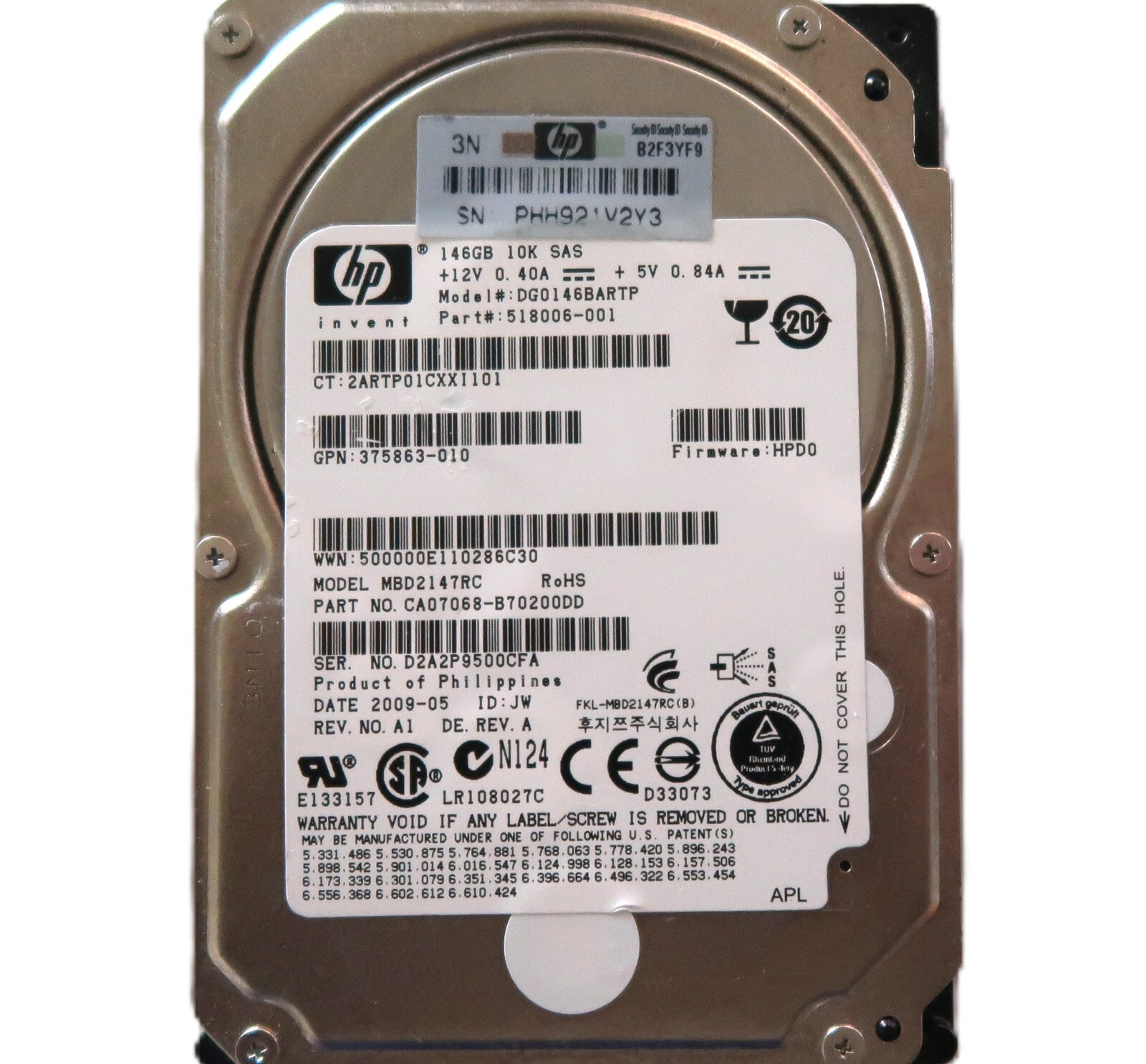 HP MBD2147RC CA07068-B70200DD RevNo A1 Rev A  FW:HPD0 146gb 10k 2.5" SAS HDD