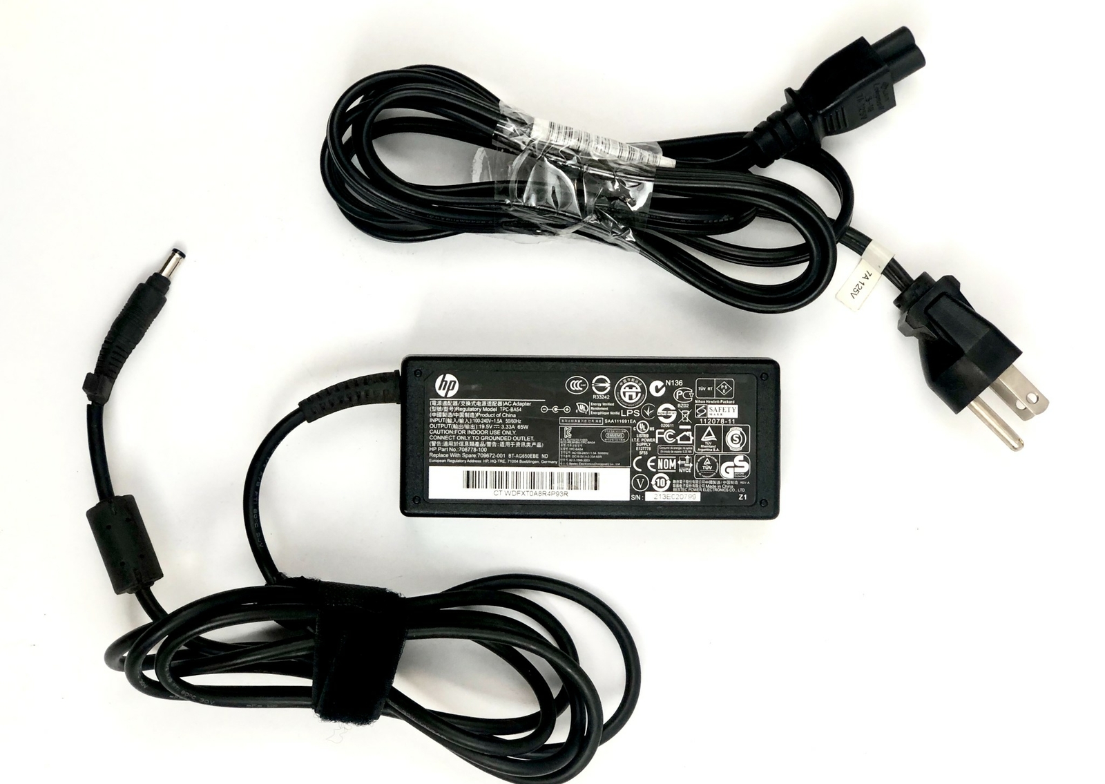 HP AC Adapter 65W Charger Model TPC-BA54 19.5V 3.33A Part No 708778-100