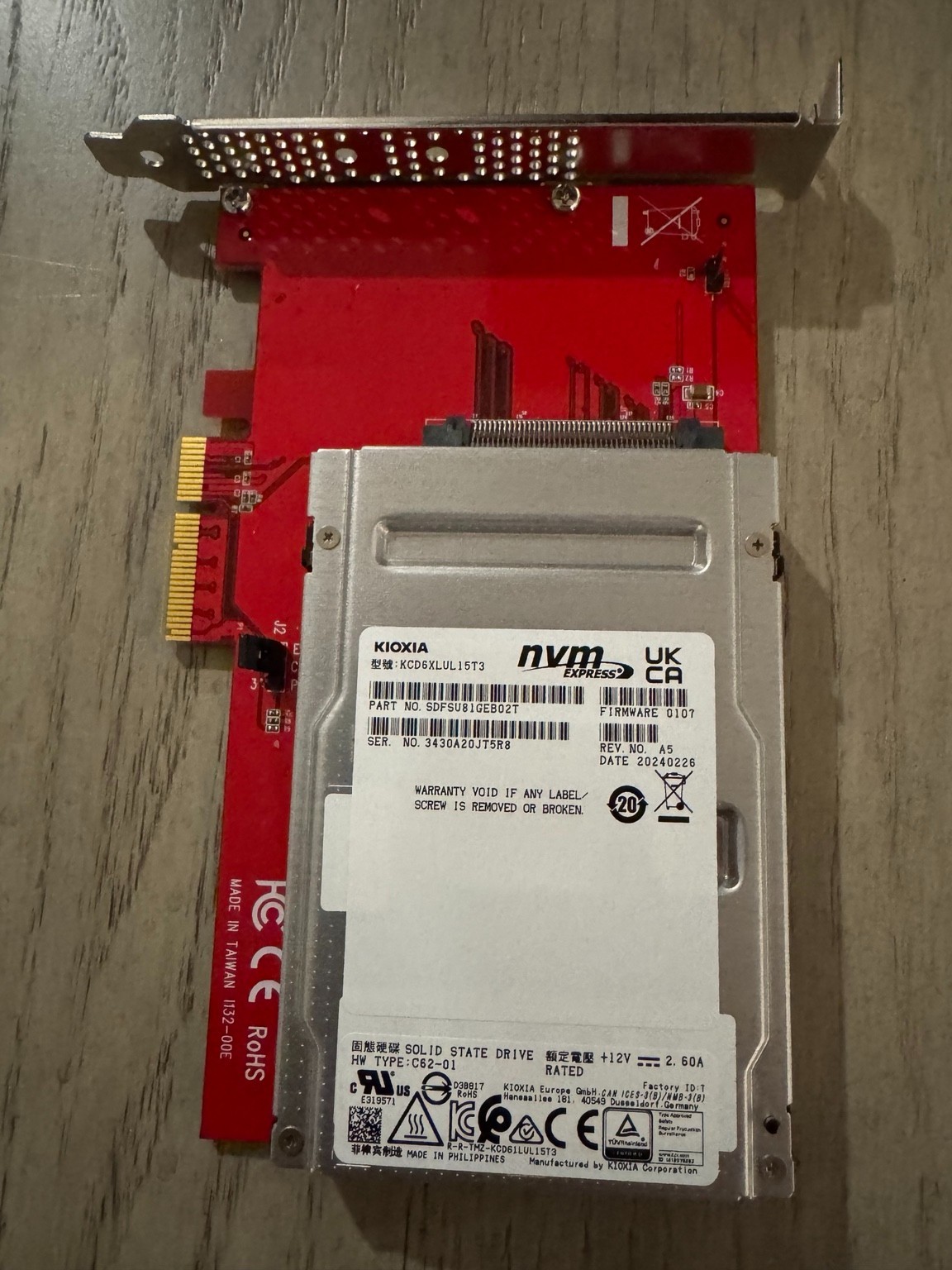 Kioxia CD6-R 15.36TB U.3 NVMe SSD KCD6XLUL15T3 35 Hrs 0% Wear Tested