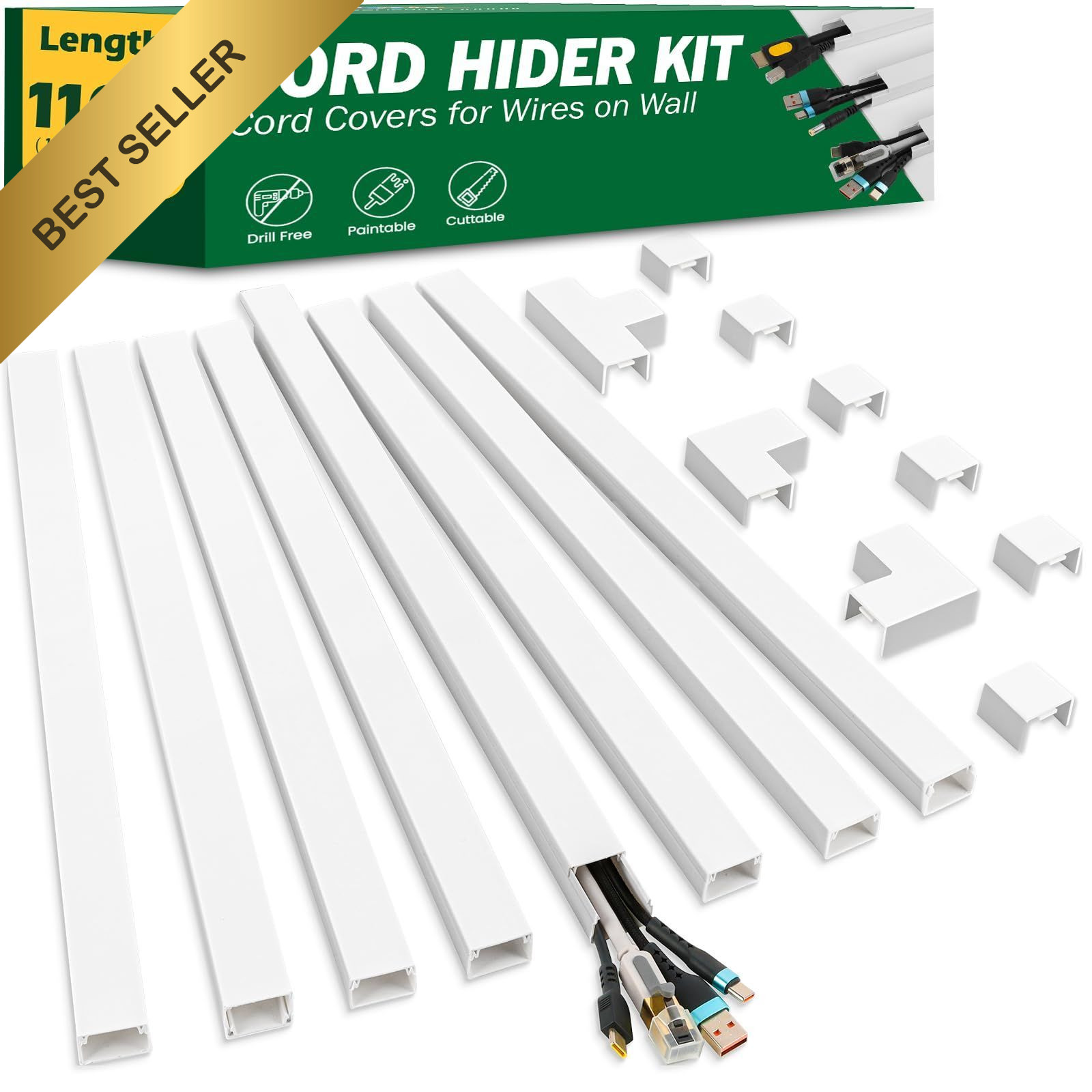 Paintable Self-Adhesive Cord Hider Kit 110" Wall Cable Cover Wire Raceway 8 Pack