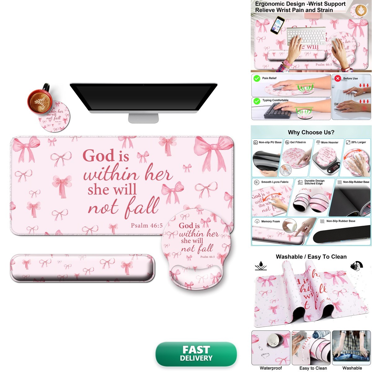 Wiabsi 4 In 1 Mouse Pad Set Wrist Rest For Keyboard,Desk Mat,Coaster-Pink Bow