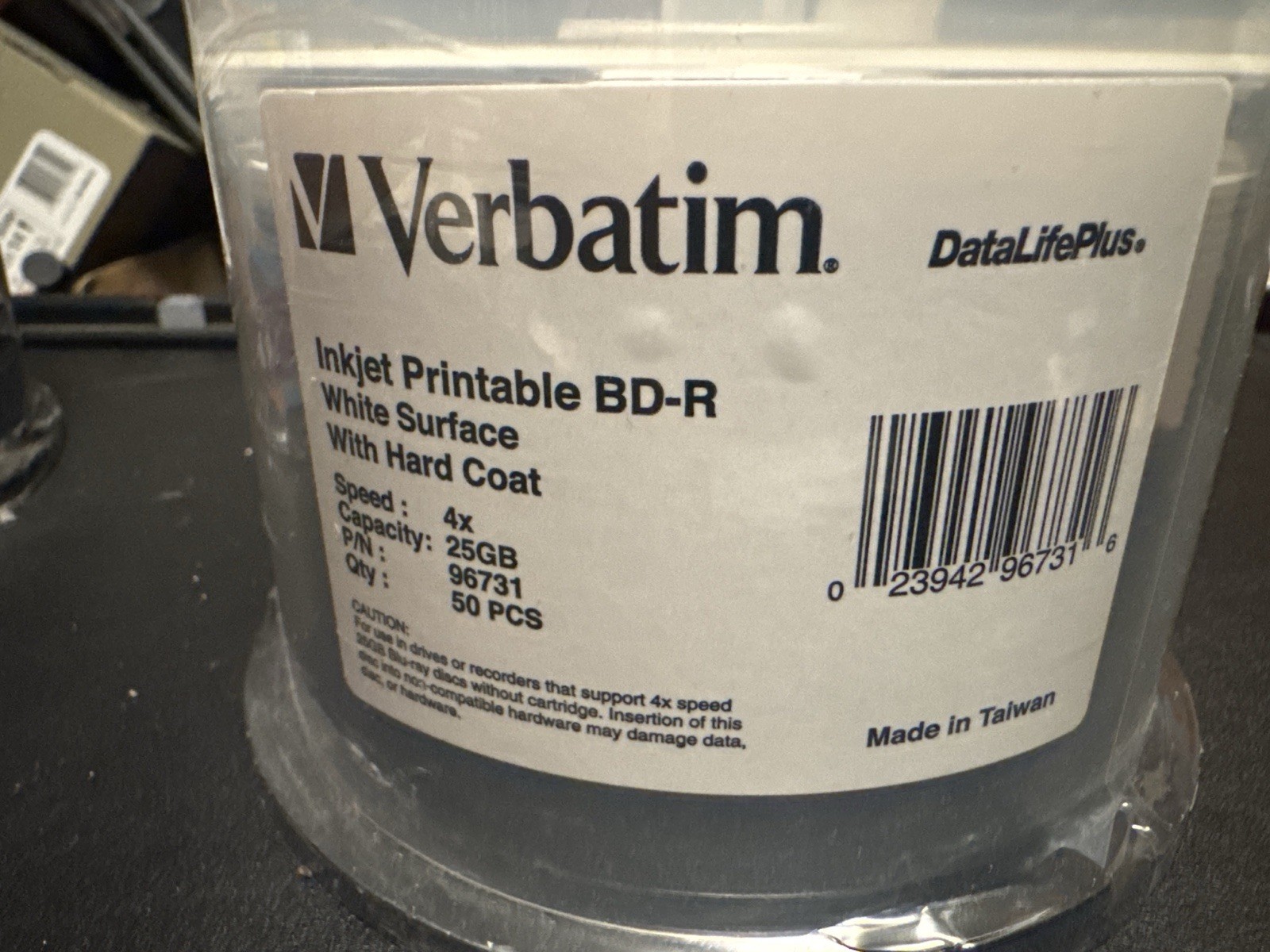 50 VERBATIM Blu-Ray 4X BD-R 25GB DataLifePlus White Inkjet Hub Printable 96713