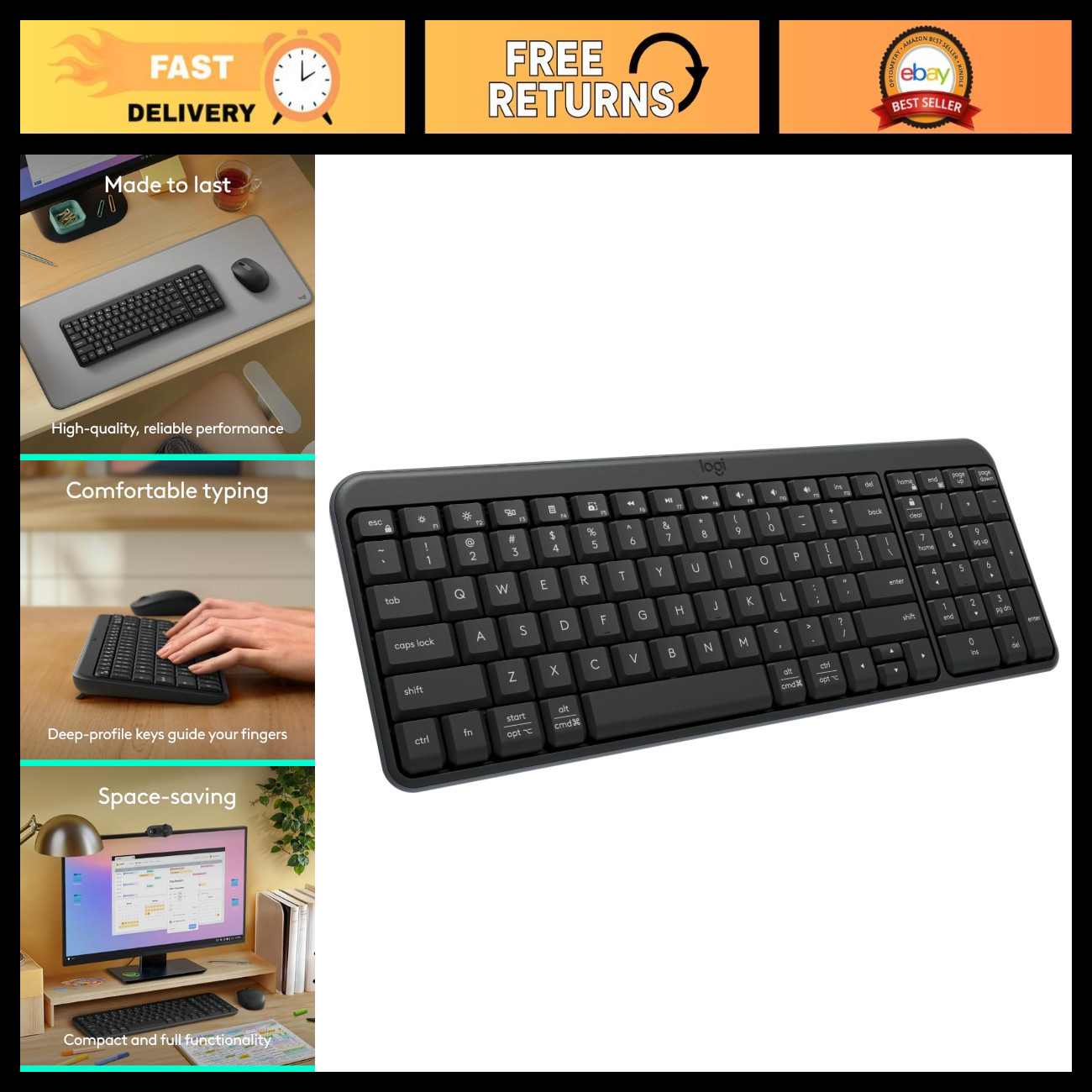 Compact Wireless Bluetooth Keyboard with Number Pad - Ergonomic, Graphite Finish