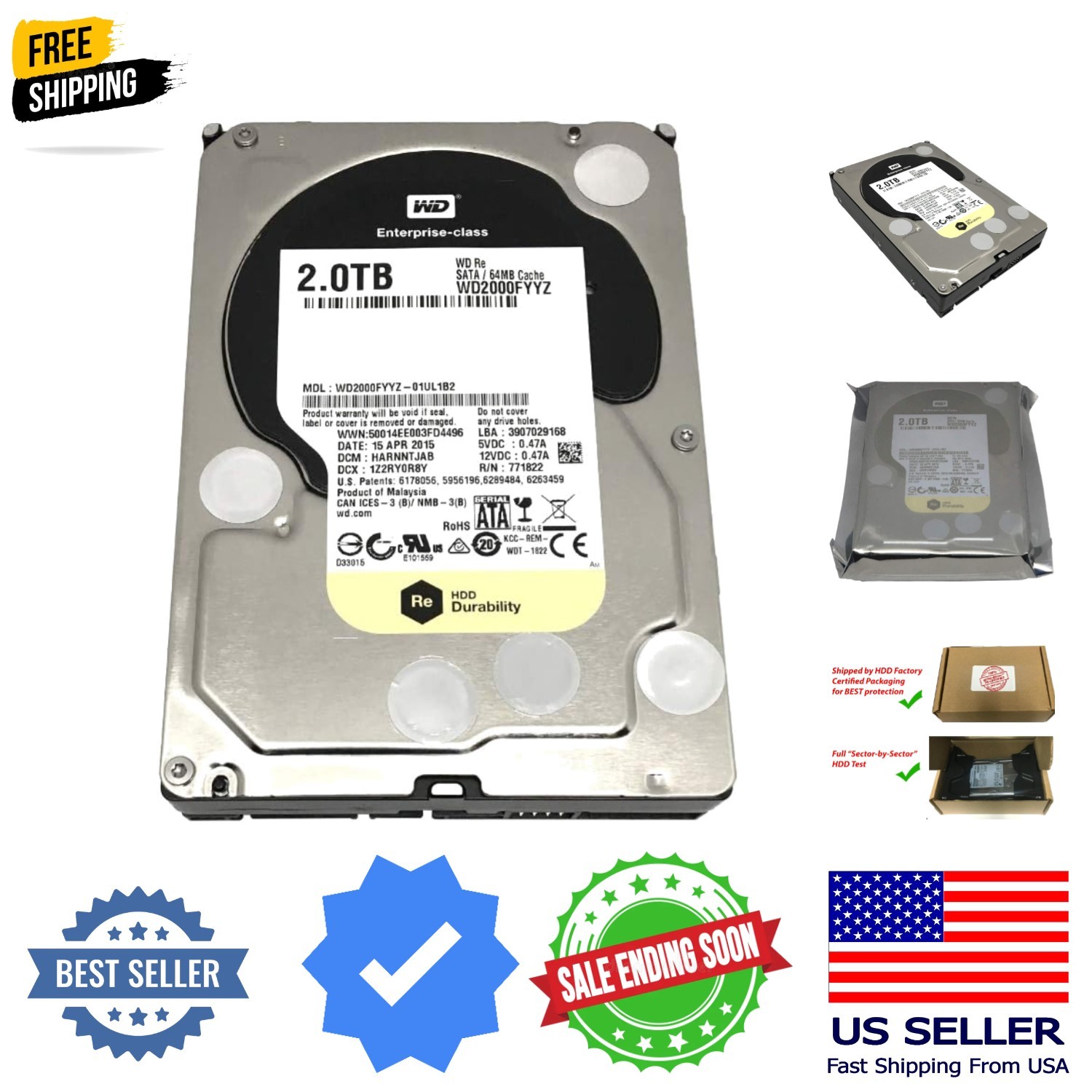 RE WD2000FYYZ 2TB 7200RPM 64MB Cache SATA 6.0Gb/s 3.5in Enterprise Internal H...