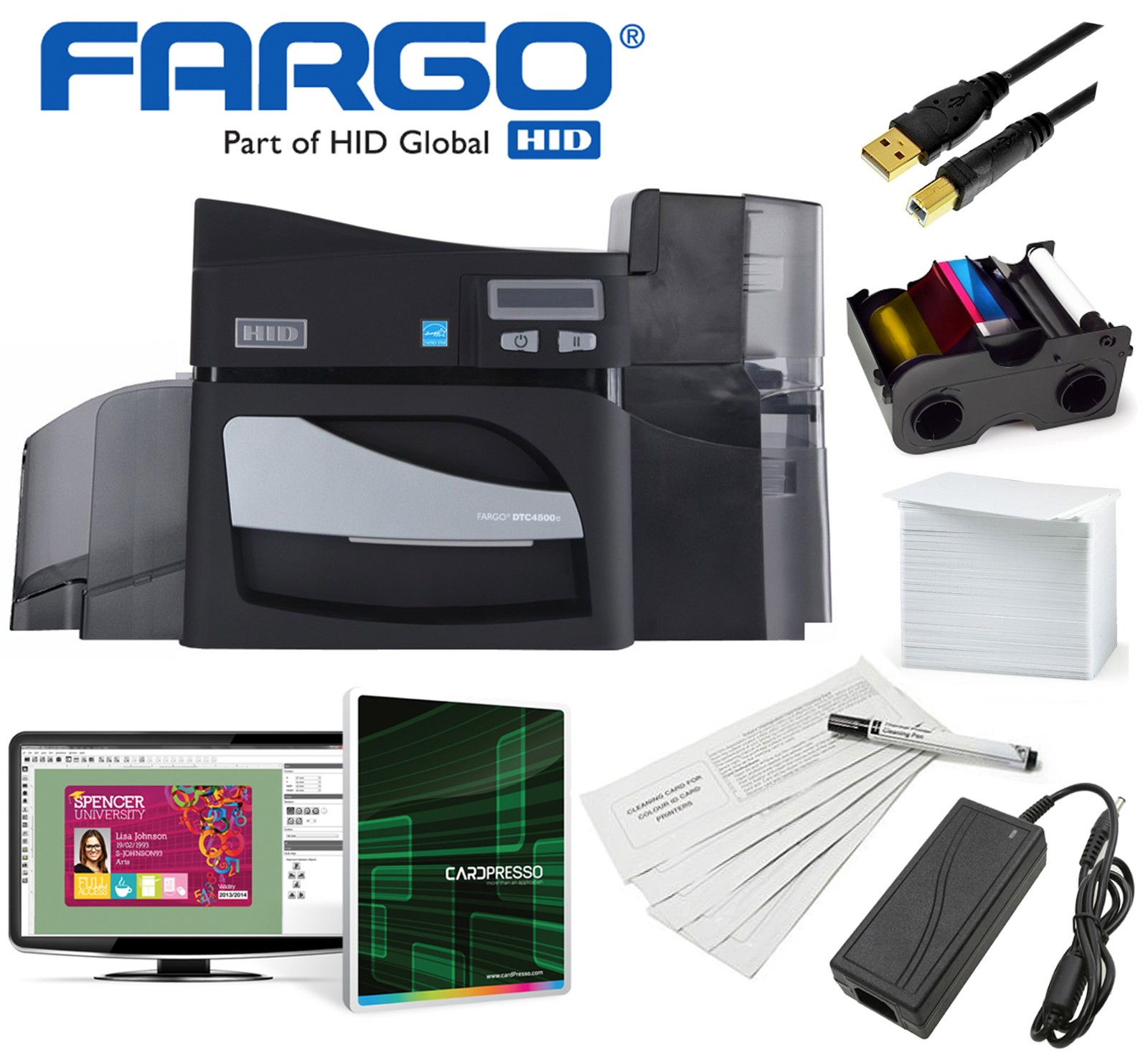 Fargo DTC4500e ID Card Thermal Printer with Software Ribbon and Supply Bundle PL