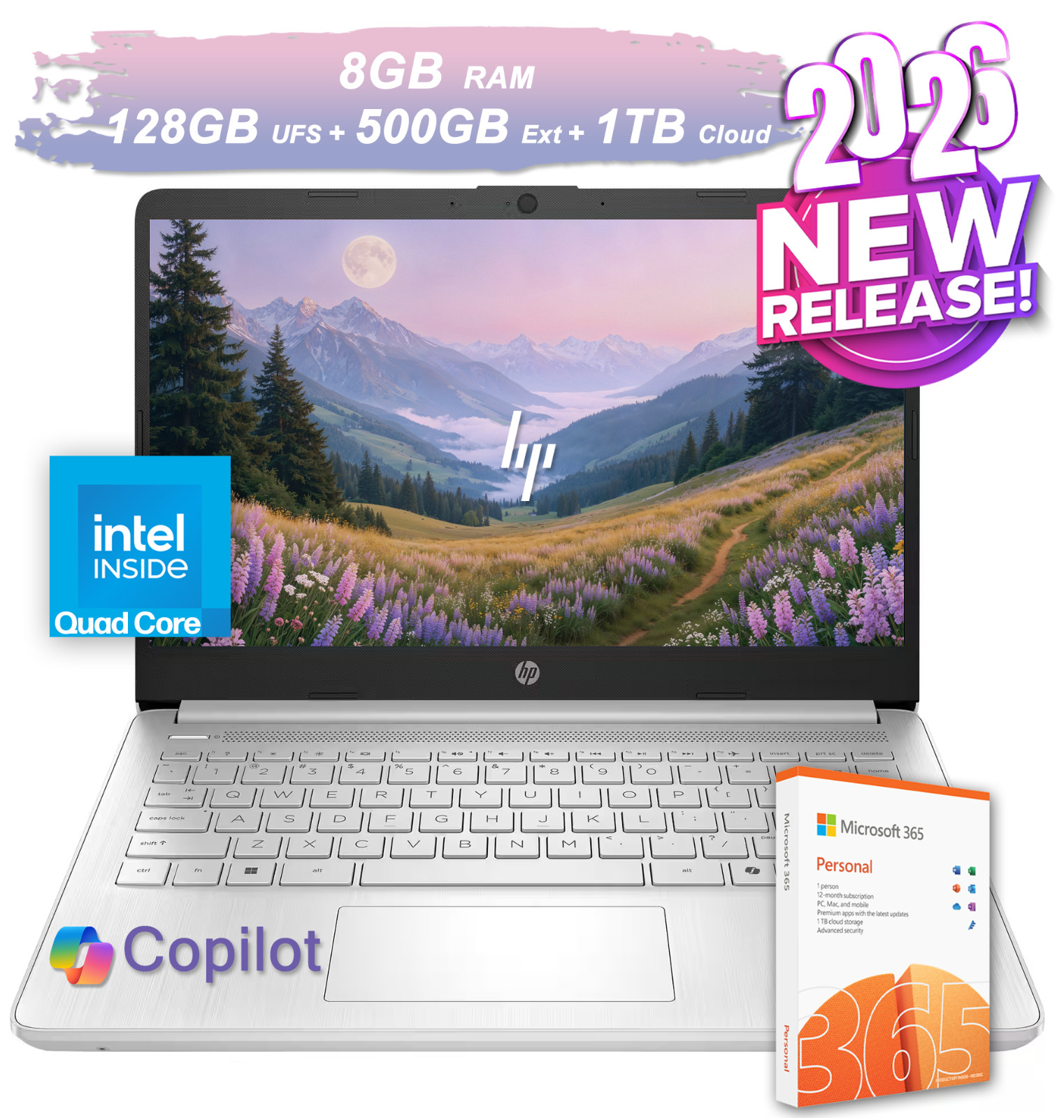 NEW 2026 HP Laptop Computer 14 Quad-Core Intel Processor 8GB RAM & 628GB Storage