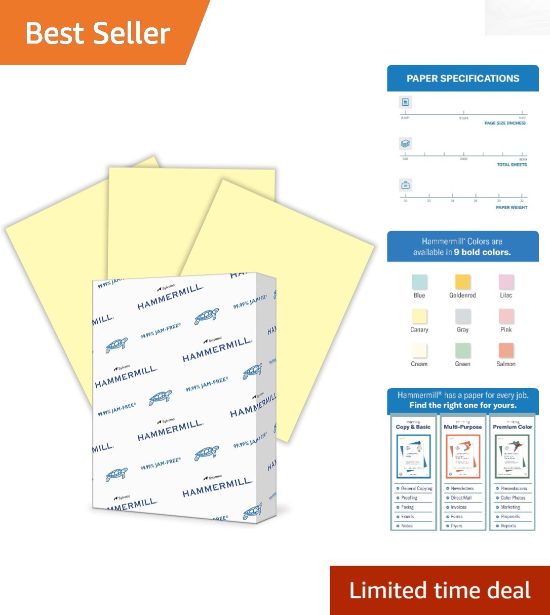 500 Sheets of 20 lb Canary Yellow Copy Paper,  Brightness & Smooth Finish