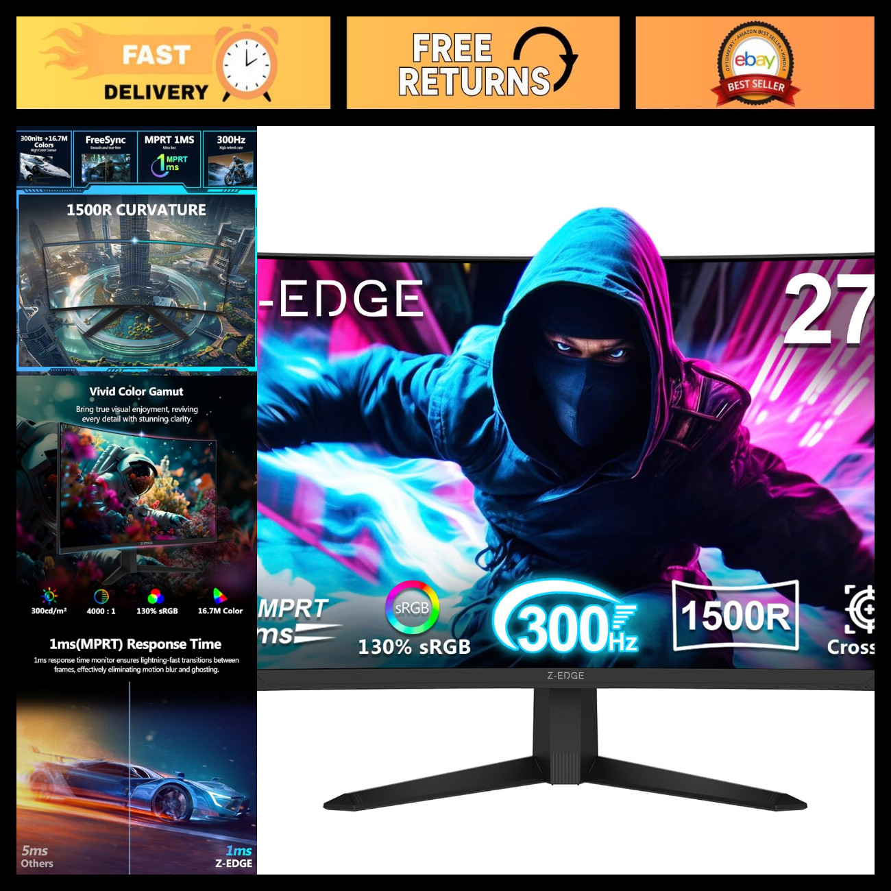 27" Curved Gaming Monitor - 1080P, 300Hz/240Hz, Ultra-Fast Response, Immersive D