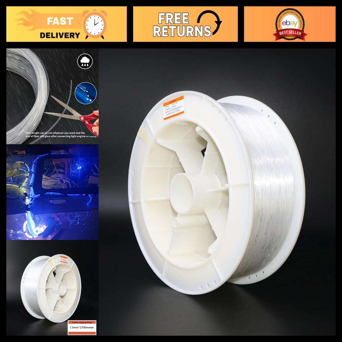 0.03in PMMA Plastic End Glow Fiber Optic Cable 8858ft for Starlight Kits, Twinkl