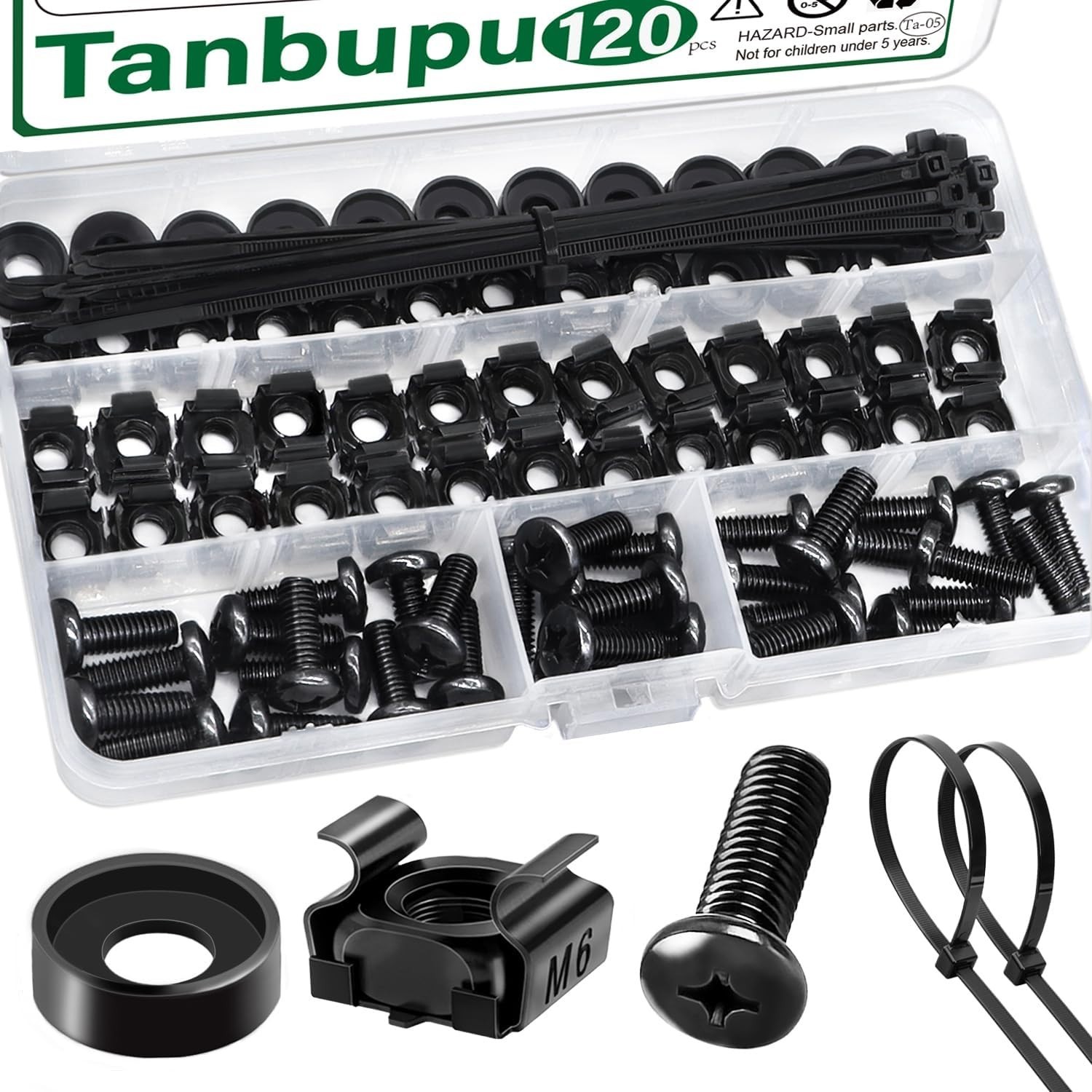120Pcs M6 x 16mm Rack Mount Cage Nuts, Screws, Washers and Self-Locking Cable Ti