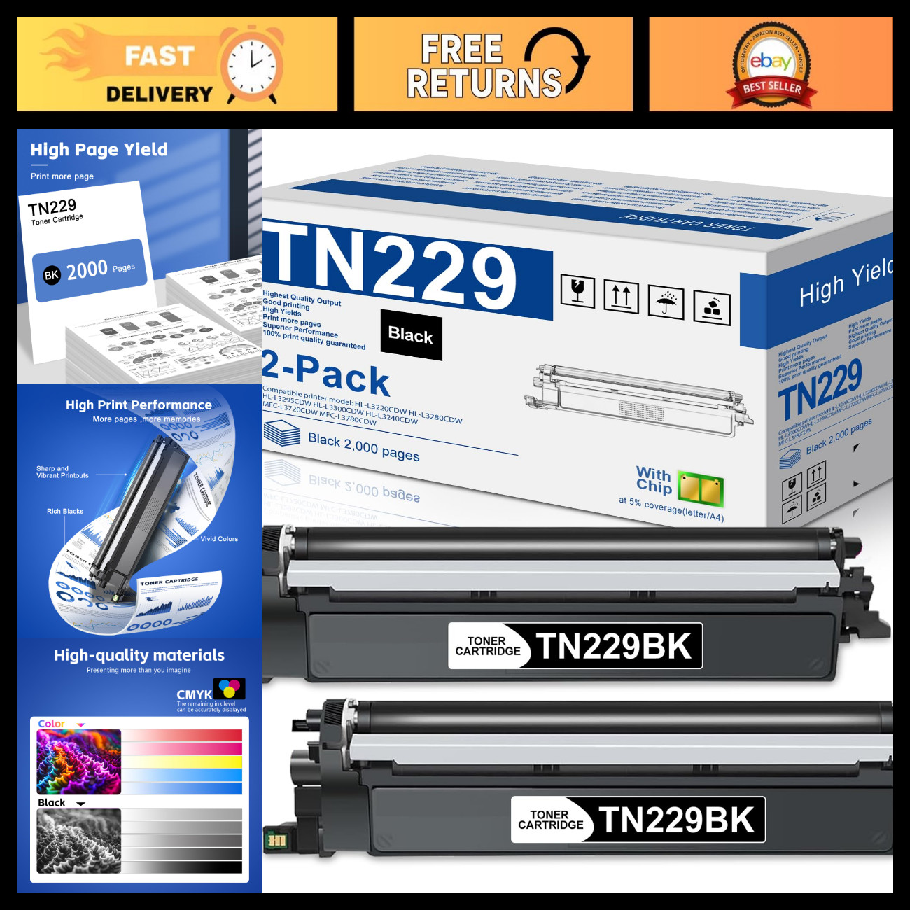 Black Toner Cartridge 2-Pack Replacement for Brother MFC-L3780CDW, HL-L3295CDW