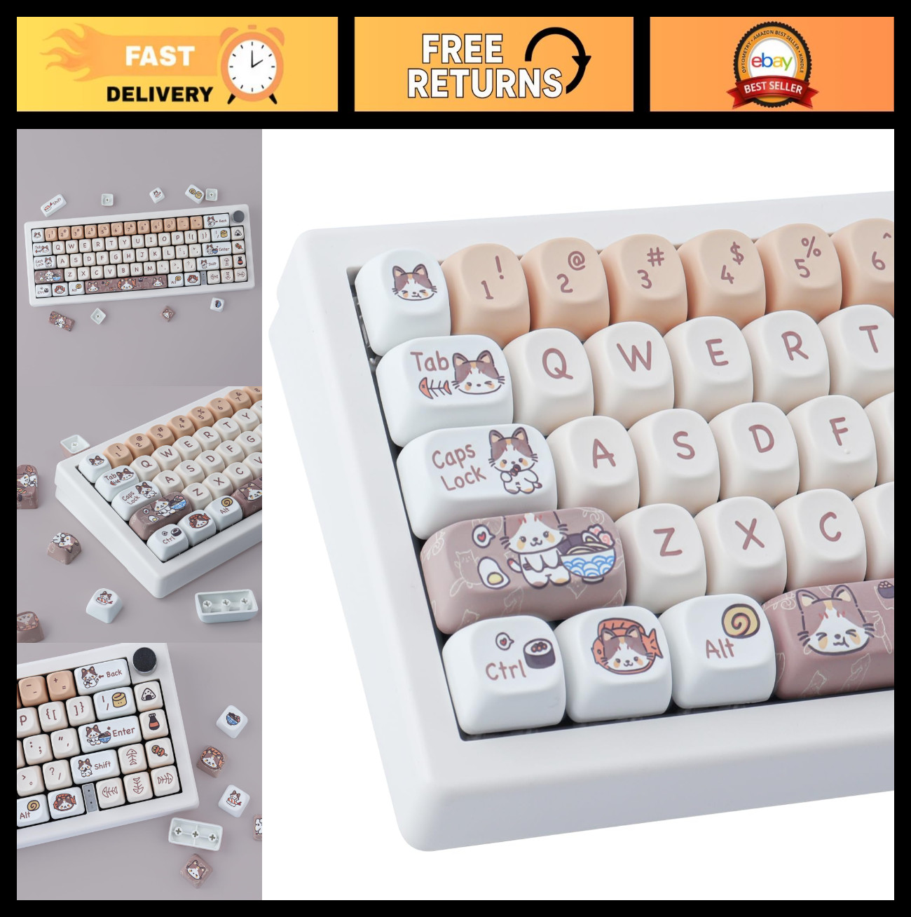 Cute Kitty Cat PBT Keycap Set - 143 Dye-Sublimated Custom Keycaps for MX Switche