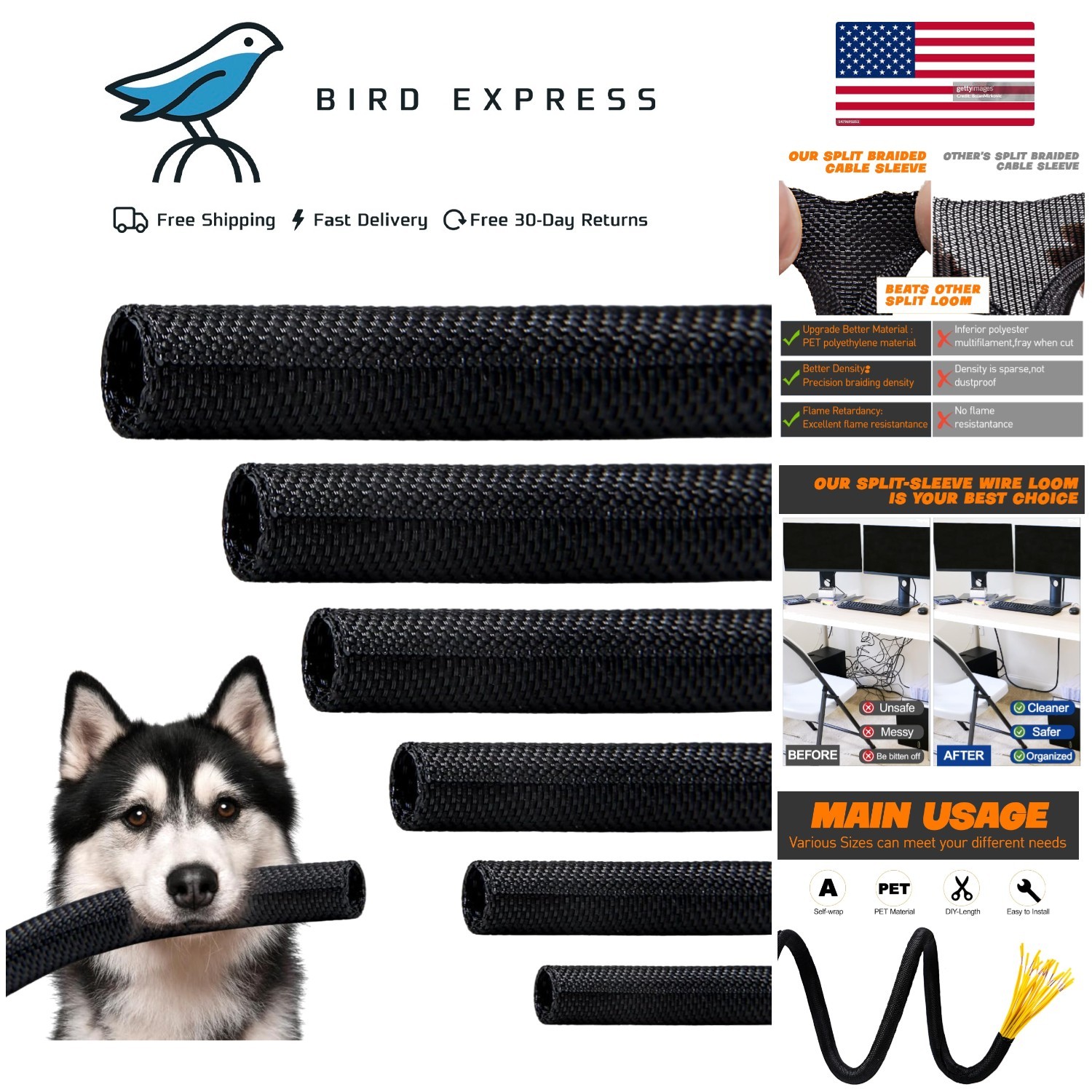 Split Braided Cable Management Sleeve 12ft Self-Wrapping Wire Loom Protectors