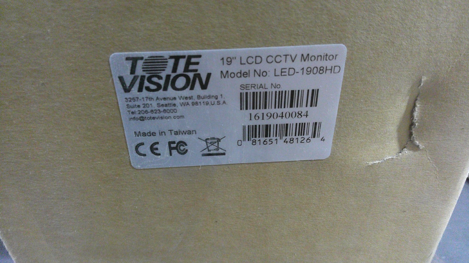 New Tote Vision 19" LED CCTV Monitor LED-1908HD