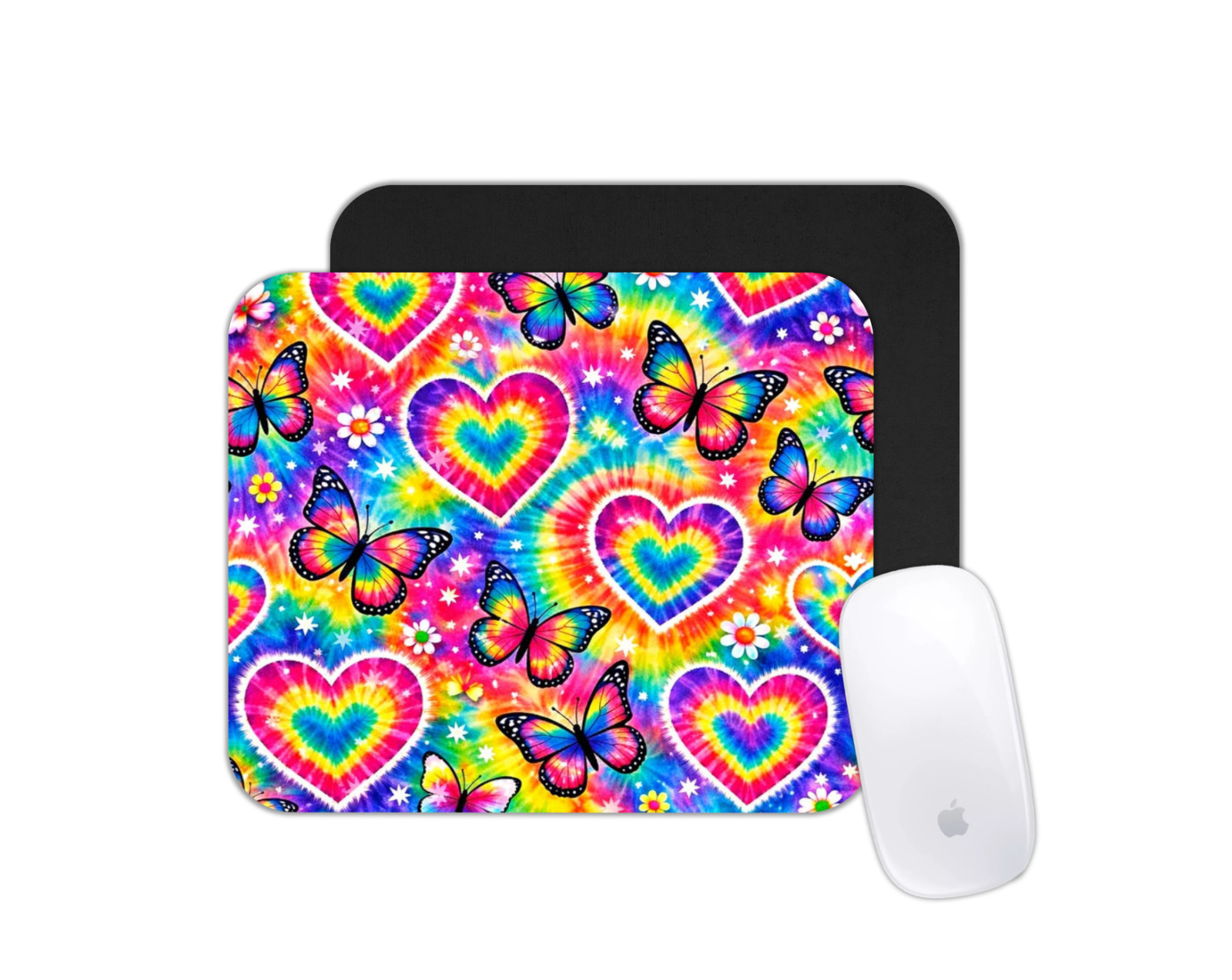 Butterflies & Hearts Mouse Pad - Tie Dye Colorful Theme Cute Desk Mat Gift