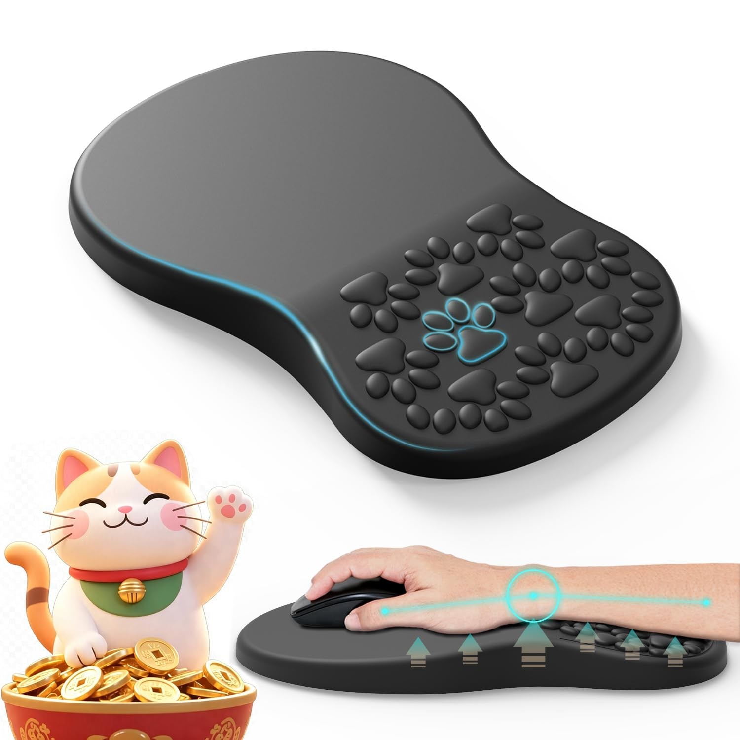 Black Ergonomic Mouse Pad Wrist Rest Support NonSlip Cat Paw Design Accessory