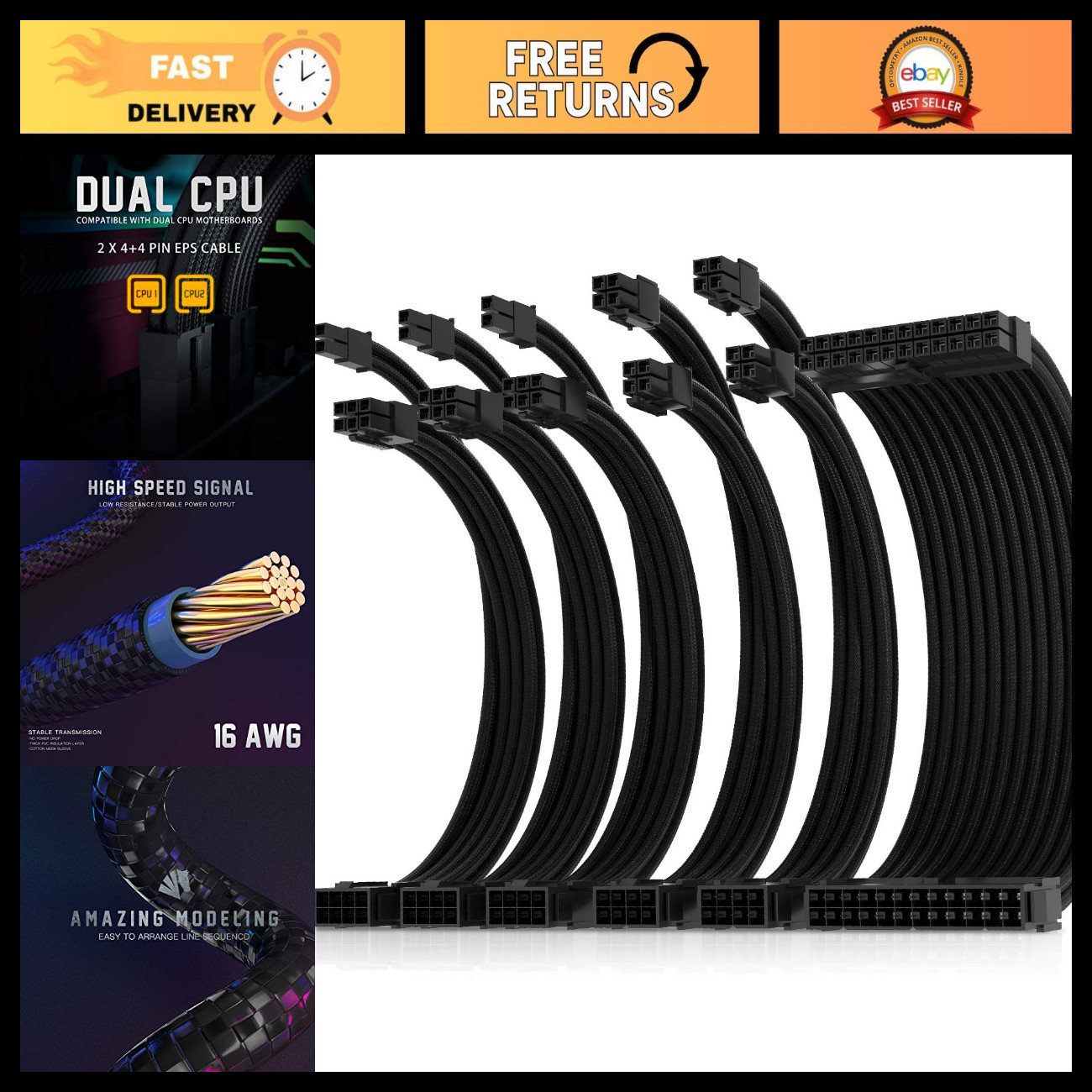 16AWG Power Supply Extension Cable Kit, 1x24-PIN & 2x8-PIN, 30cm, Black Sleeved