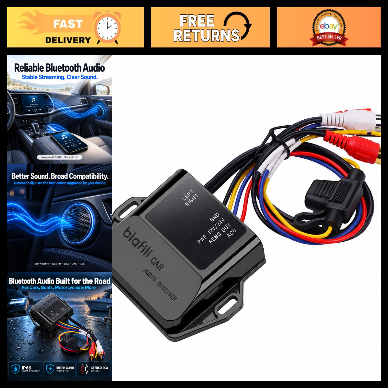Bluetooth Car Receiver with RCA Output for Auto, Truck & Marine Audio Upgrade