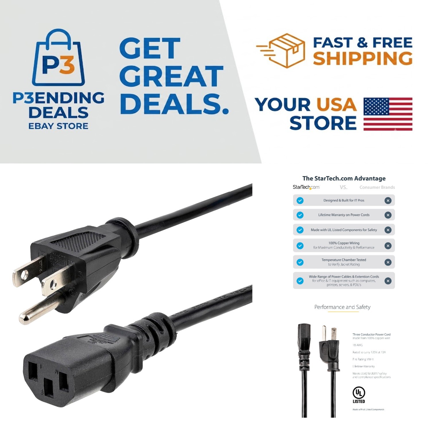 Versatile 6ft Black Computer Power Cord 10A 125V - Ideal for Home & Office Use
