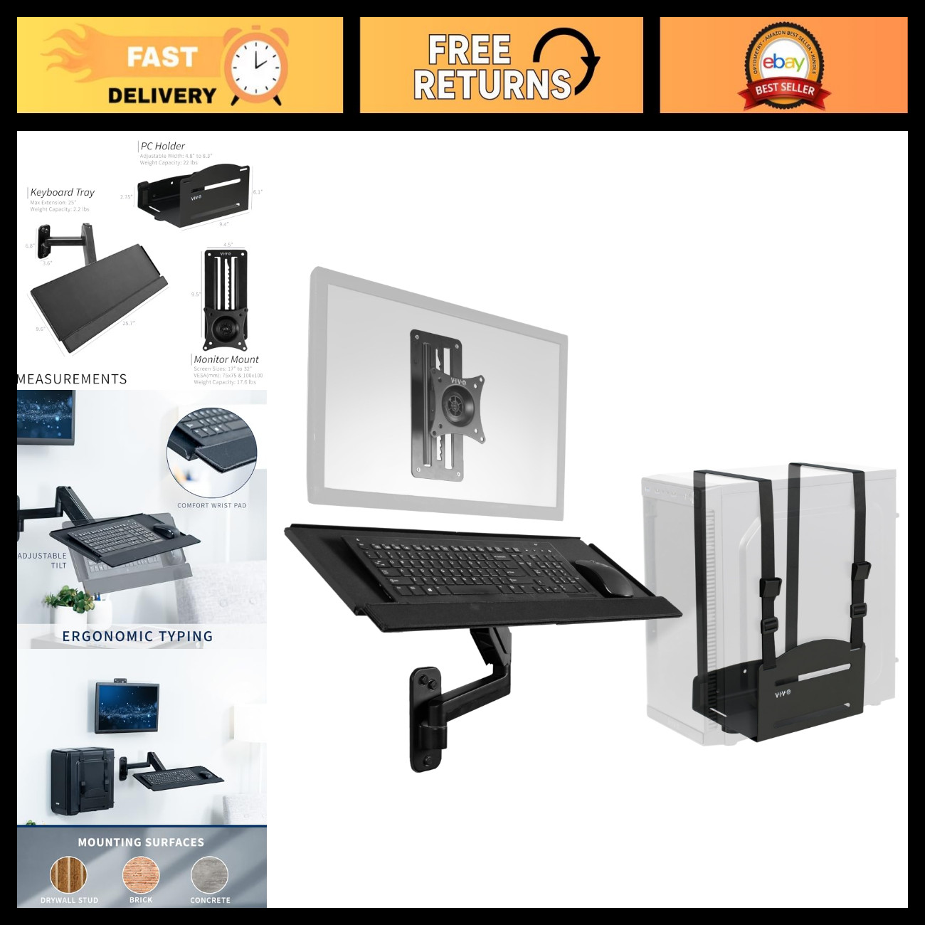 Adjustable Sit-Stand Wall Mount for 17-32" Monitors, Pneumatic Arm & Keyboard Tr